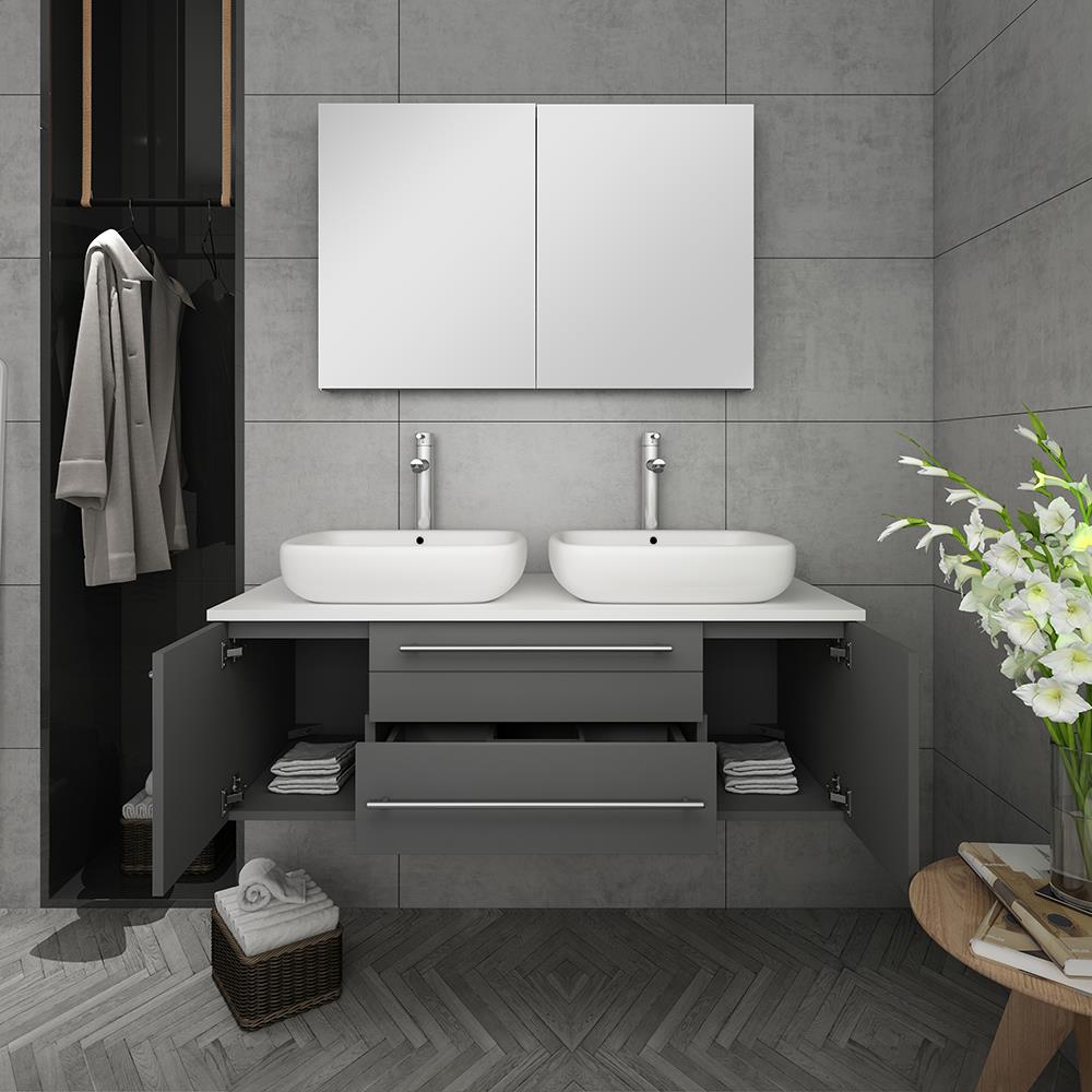 Sleek 48" Gray Double Vessel Sink Modern Vanity Set with Quartz Top
