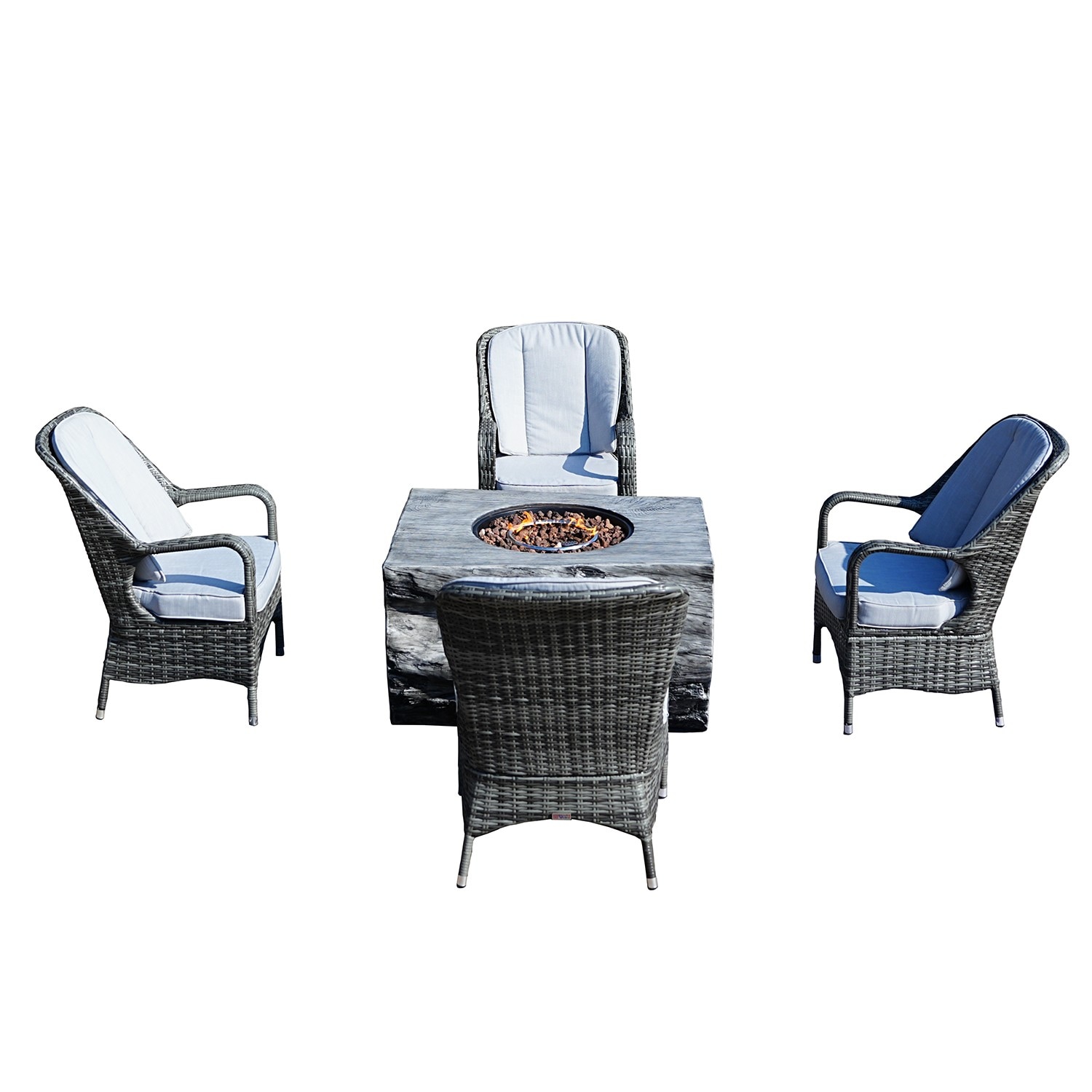 Direct Wicker DWG-217009-GR 5 -Piece Black Wicker Patio Dining Set Iron Rectangle Table with 4 Gray Cushions Stationary Chairs Fire Pit Included