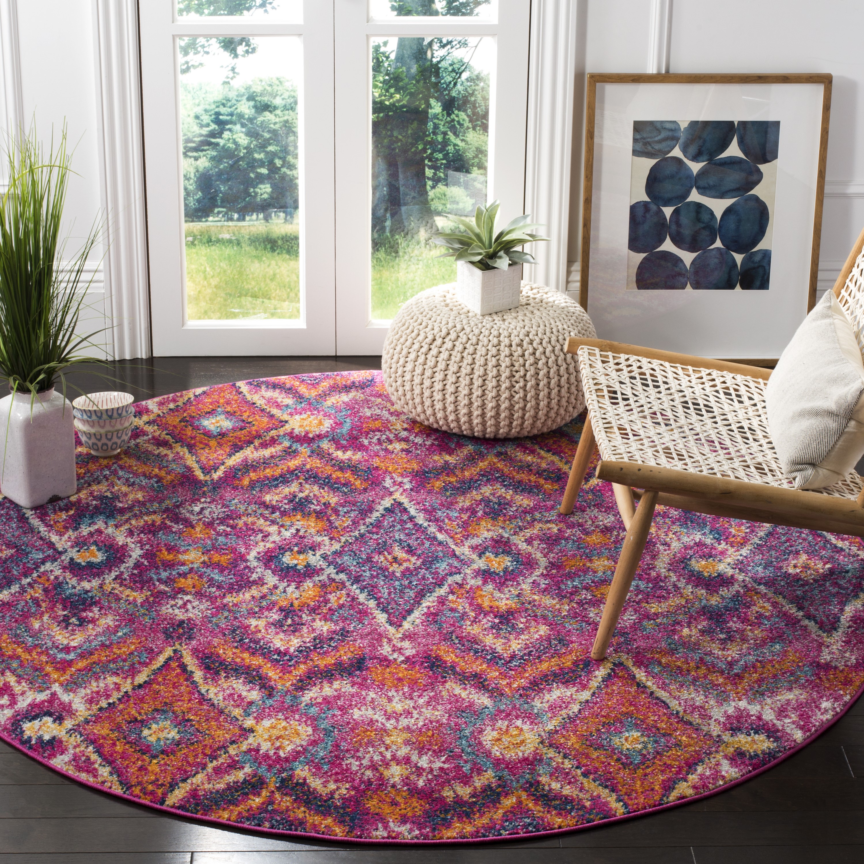 Safavieh MAD610M-7R Madison Loma 7 x 7 (ft) Loomed Synthetic Fuchsia/Multi Round Indoor Abstract Bohemian/Eclectic Area rug