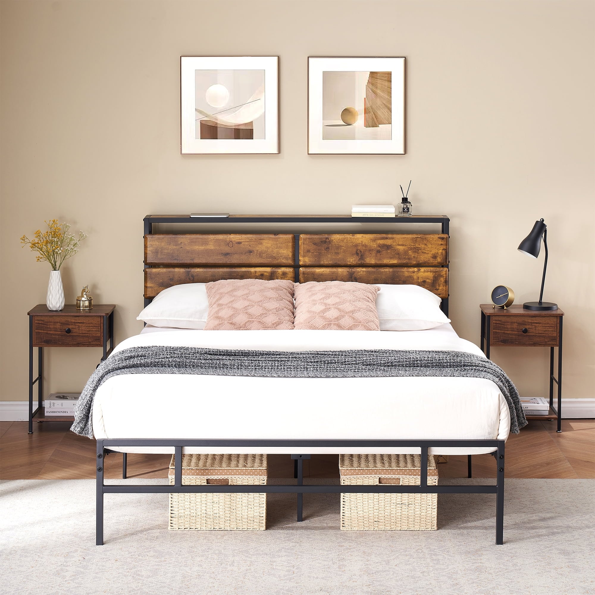 Qeetex Queen Size Industrial Wood and Metal Bed Frame - Vintage Brown Storage Headboard  Wooden Shelves  No Box Spring Needed