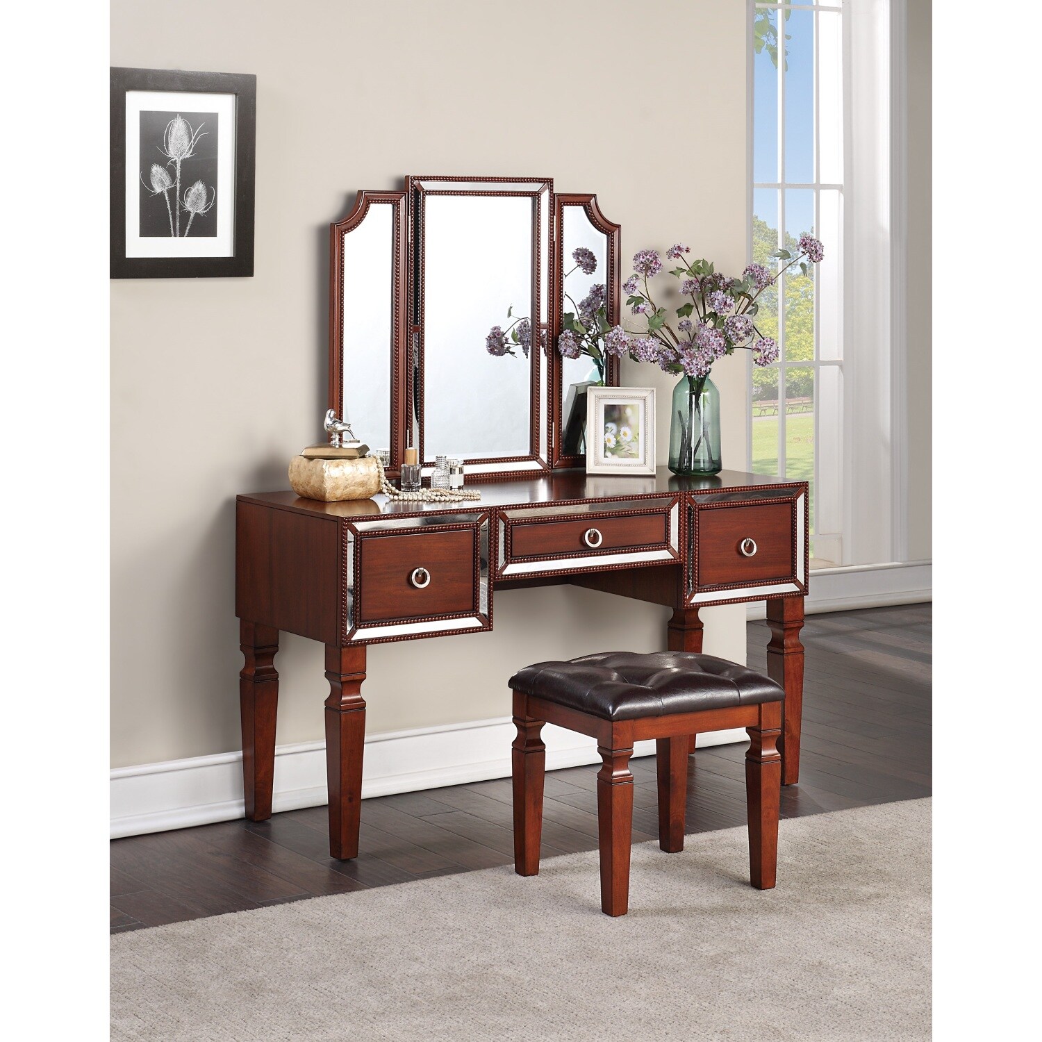 Streamdale Furniture Streamdale Elegant Cherry Vanity Set with Tri-Fold