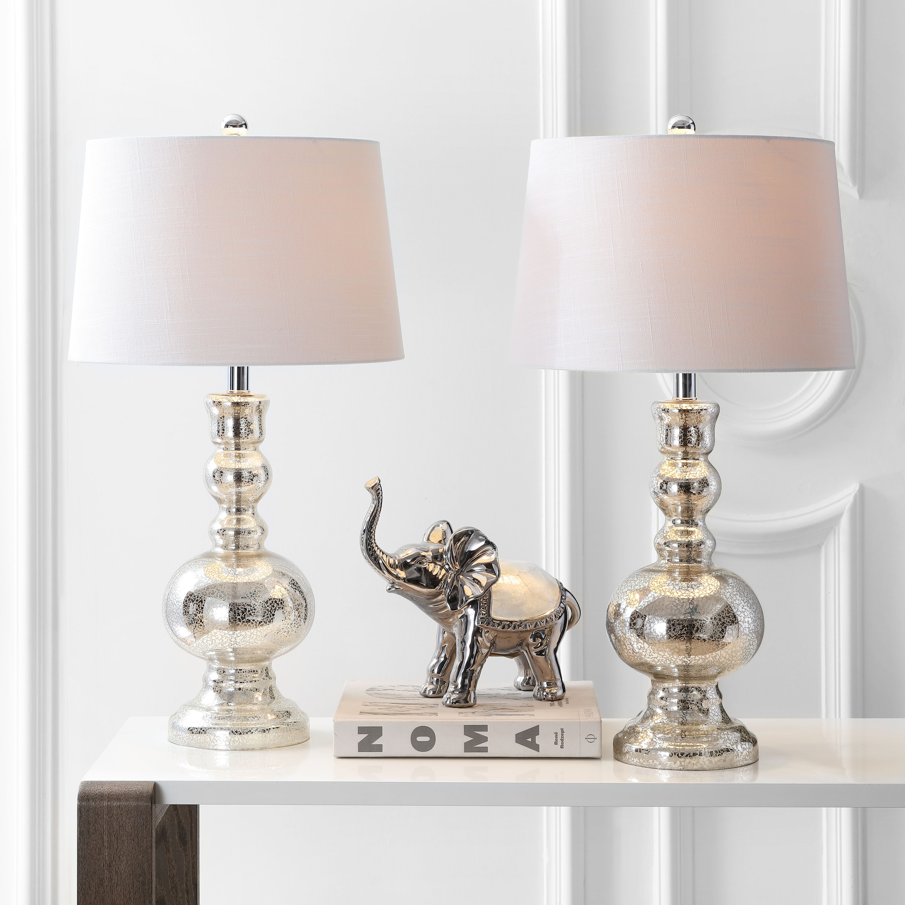 JONATHAN  Y JYL1061D-SET2 Genie Glass Contemporary Transitional 28.5-in Mercury Silver LED Incandescent Rotary socket Table Lamp with Linen Shade