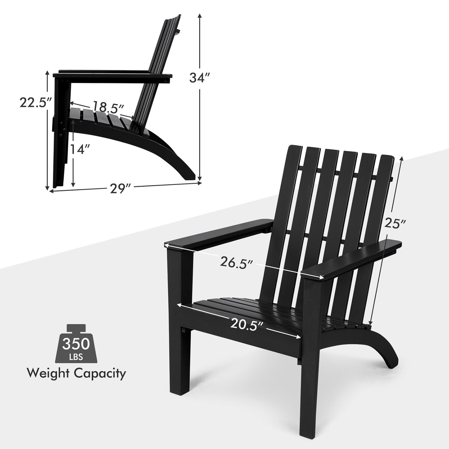 Forclover Patio Adirondack Chair Black Wood Frame Stationary Adirondack