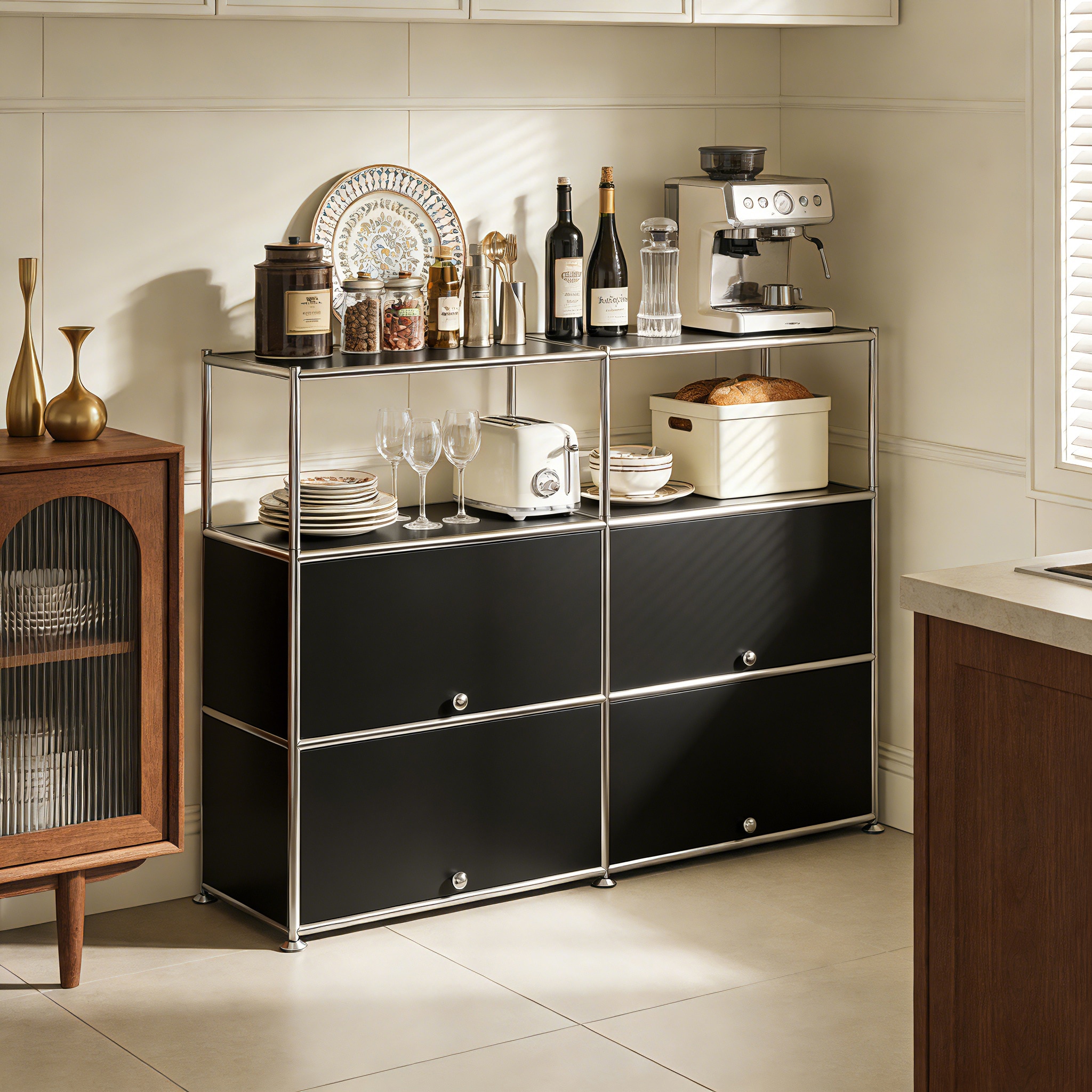 MEGA CASA Sideboard Kitchen Buffet Cabinet 4 Tier Twin Row Modular Metal Coffee Bar with Open Upper Shelf and Adjustable Feet