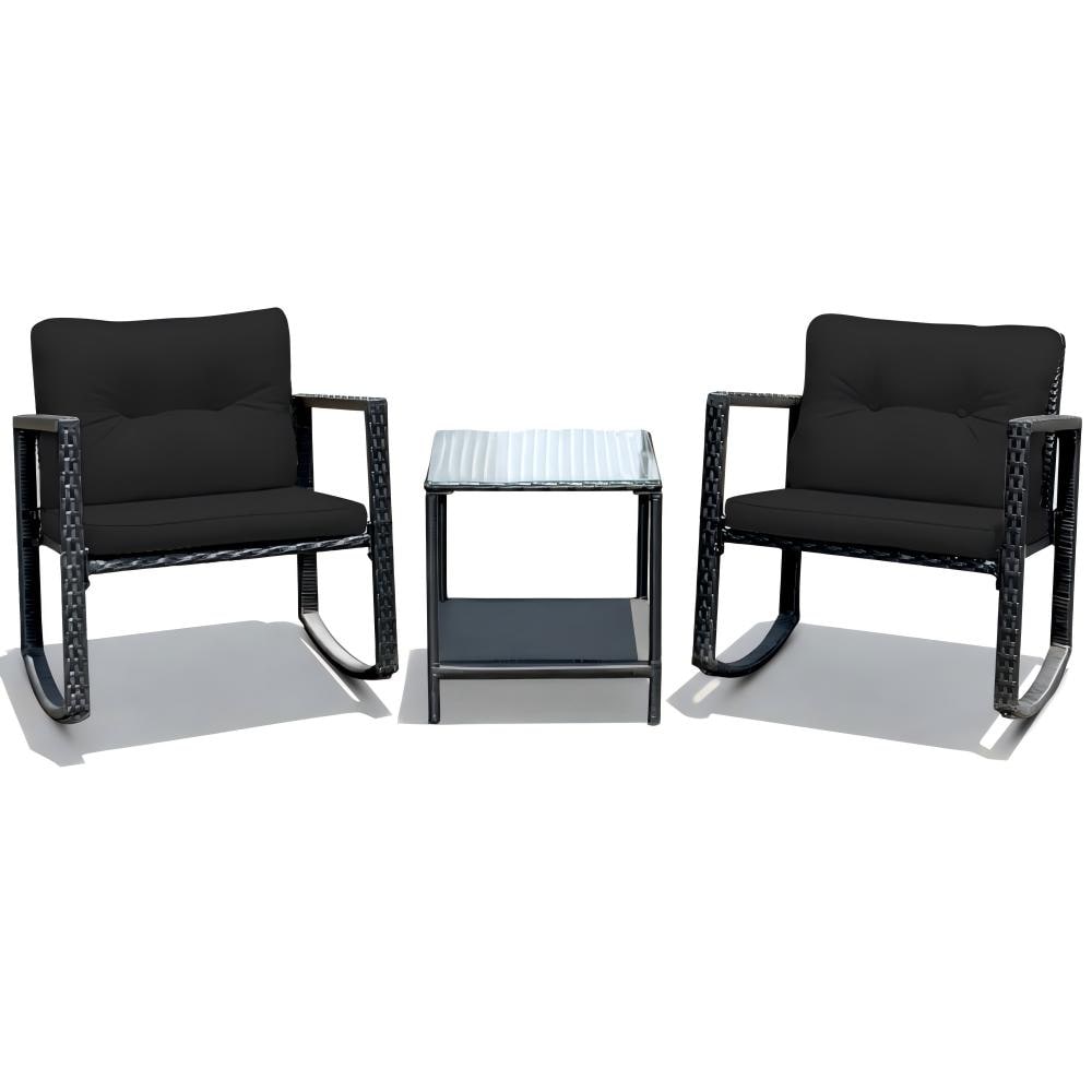 Forclover HYFE-62861DK 3 -Piece Rattan Patio Conversation Set with Black Cushions