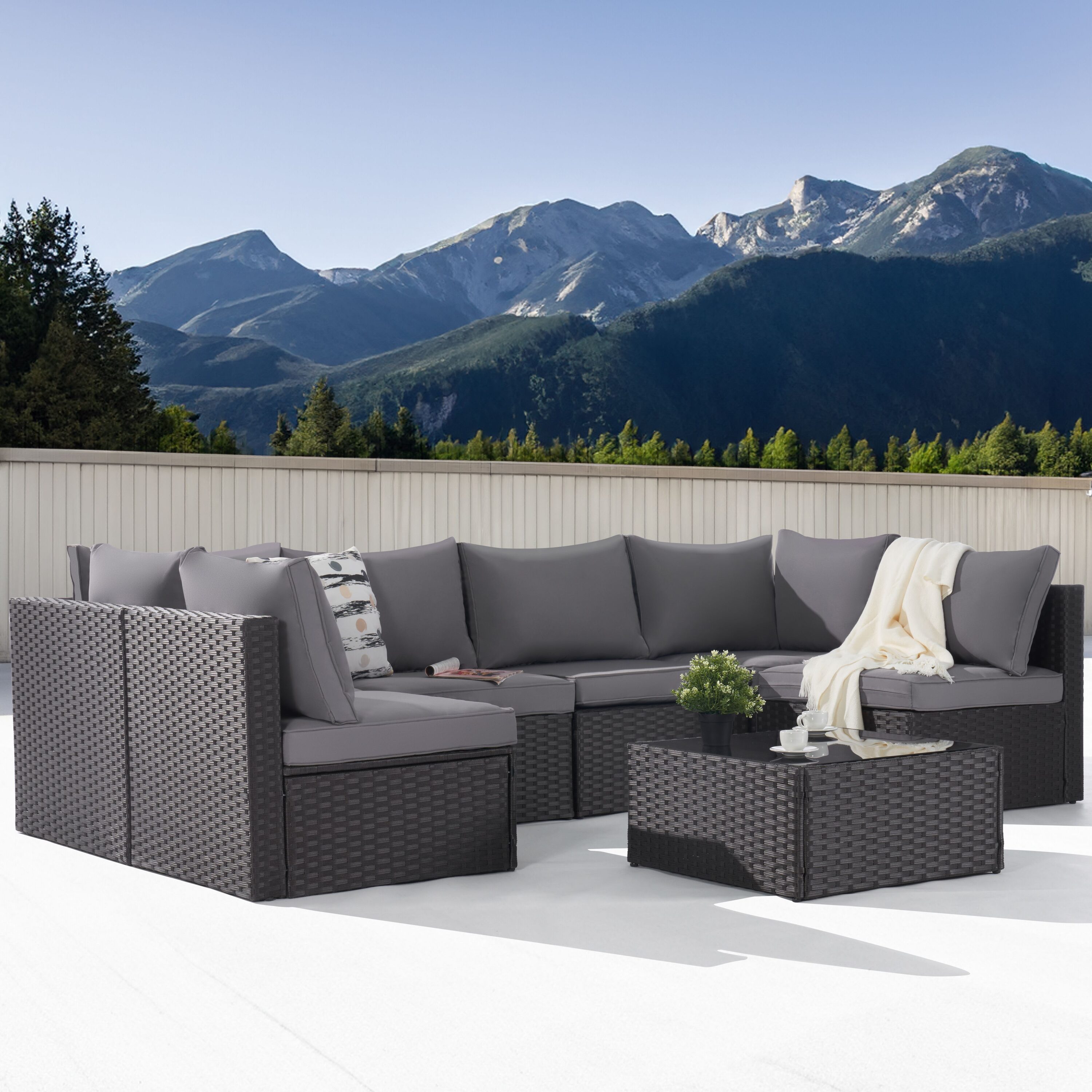 SANSTAR L-WS704-LY 7 -Piece Wicker Patio Conversation Set with Gray Cushions