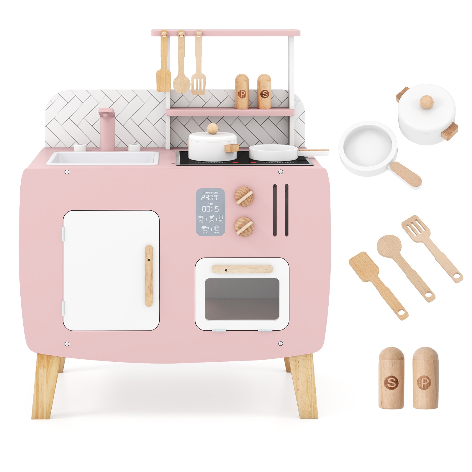 Slickblue Wooden Kids Kitchen Playset with Stove Sink Oven and Rotatable Knobs for Bedroom and Playroom Pink and White