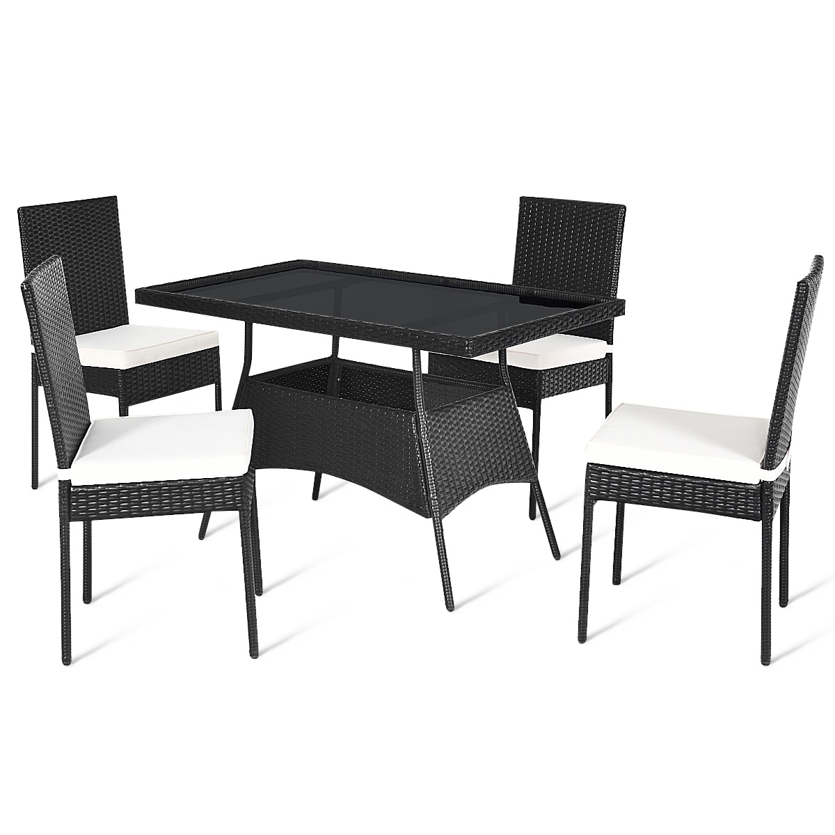Ayelon CWS854C Patio Dining Set 5 -Piece Black Wicker Patio Dining Set Wicker Rectangle Table with 4 Off-white Cushions Stationary Chairs