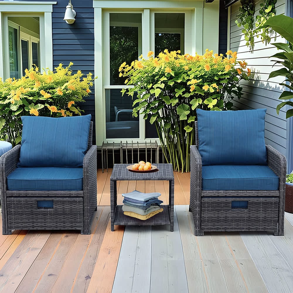 JUJABU OUTCHAIR-2 Blue Pieces Wicker Patio Furniture Set with Ottomans Conversation Furniture with Coffetable for Garden