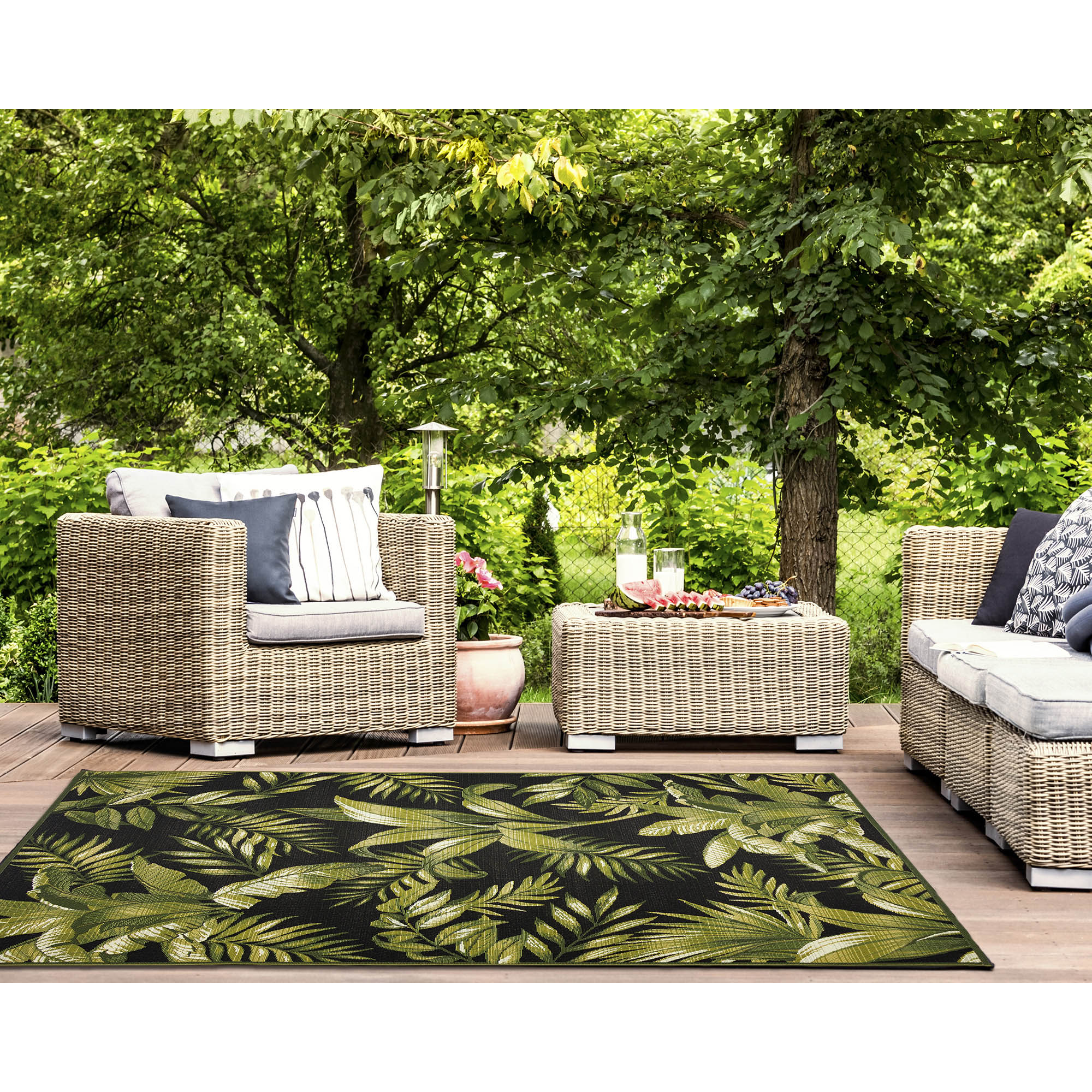 Black and Green Tropical Leopard Print Indoor/Outdoor Rug