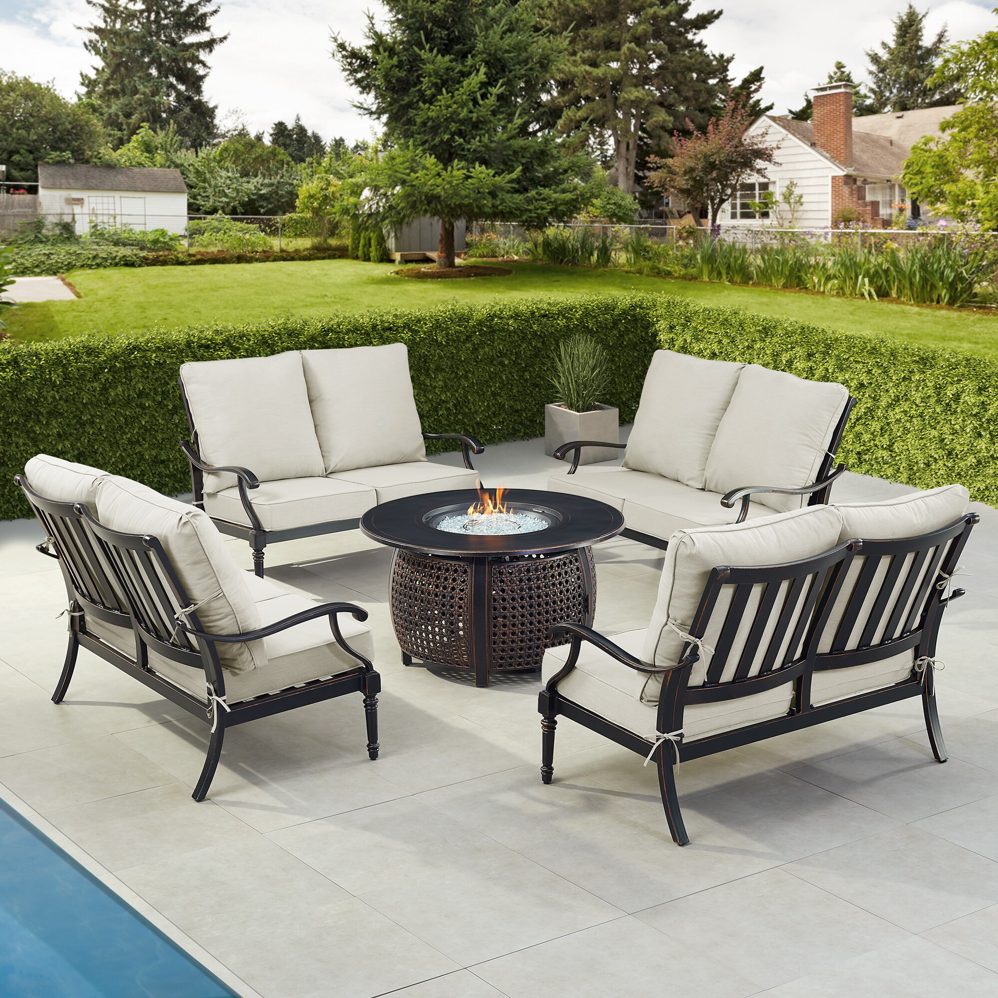 Oakland Living SHAO4LSCLIFFLGCUIBA Fire Pit Table Set, Four Loveseats, Wind Guard and Ice Bucket 23 -Piece Patio Conversation Set with Gray Cushions