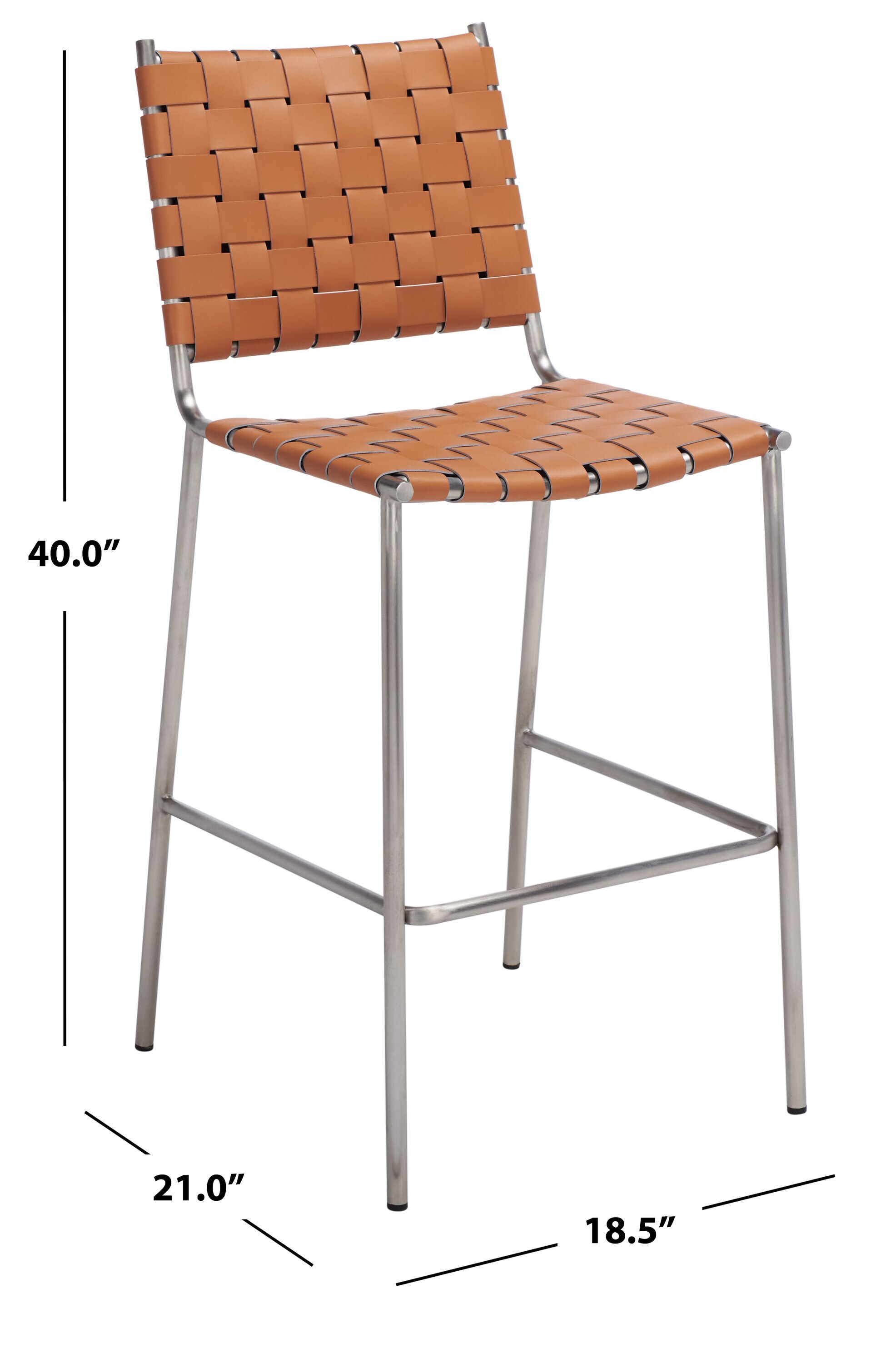 Cognac Leather and Silver Metal Saddle Counter Stool
