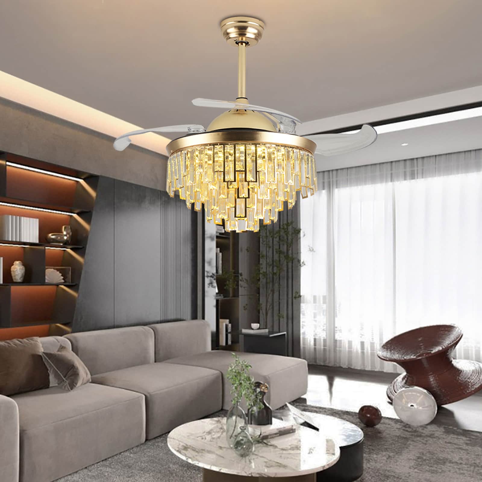 42" Gold Crystal Retractable Bladeless LED Chandelier Fan