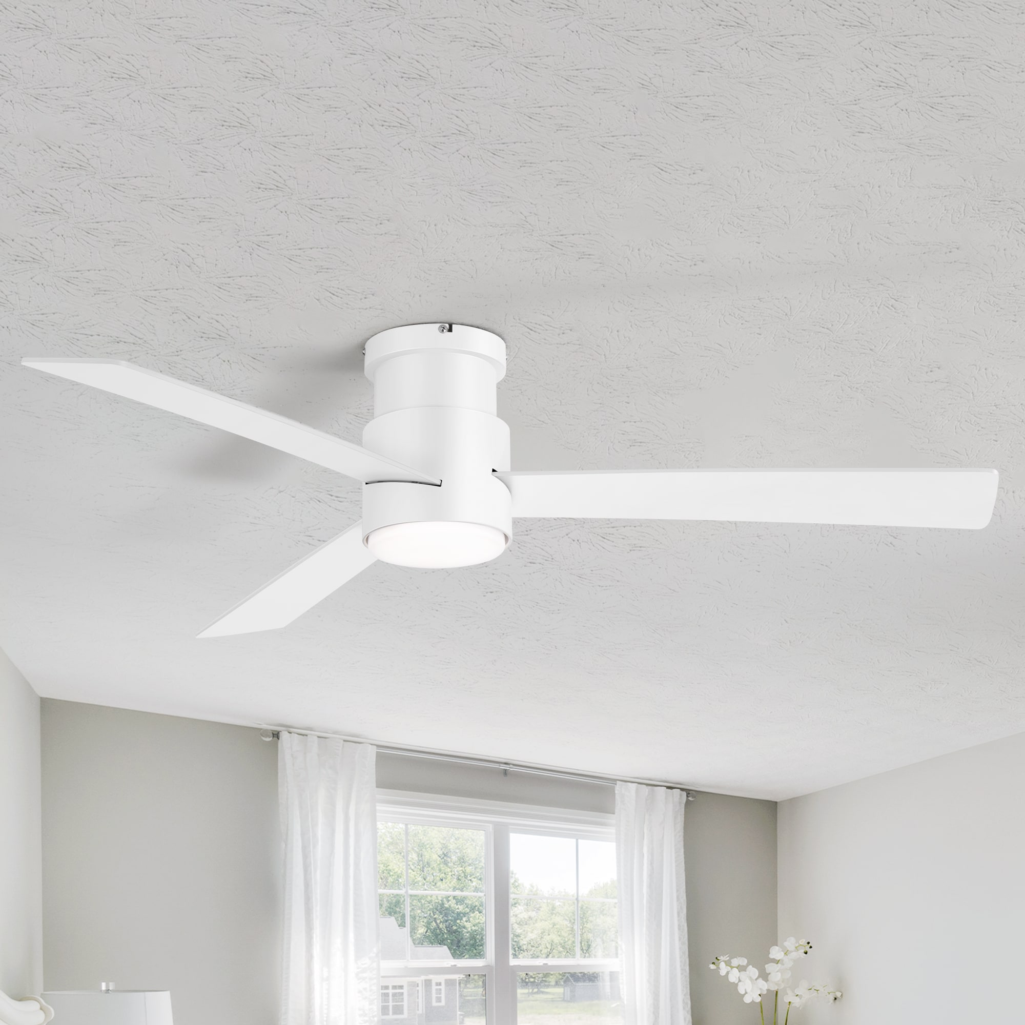 Breezary 24036-AW 52-in Color-Changing Integrated LED Flush Mount Matte White with Matte White Blades Propeller Ceiling Fan With Light - Remote Included ( 3 -Blade )