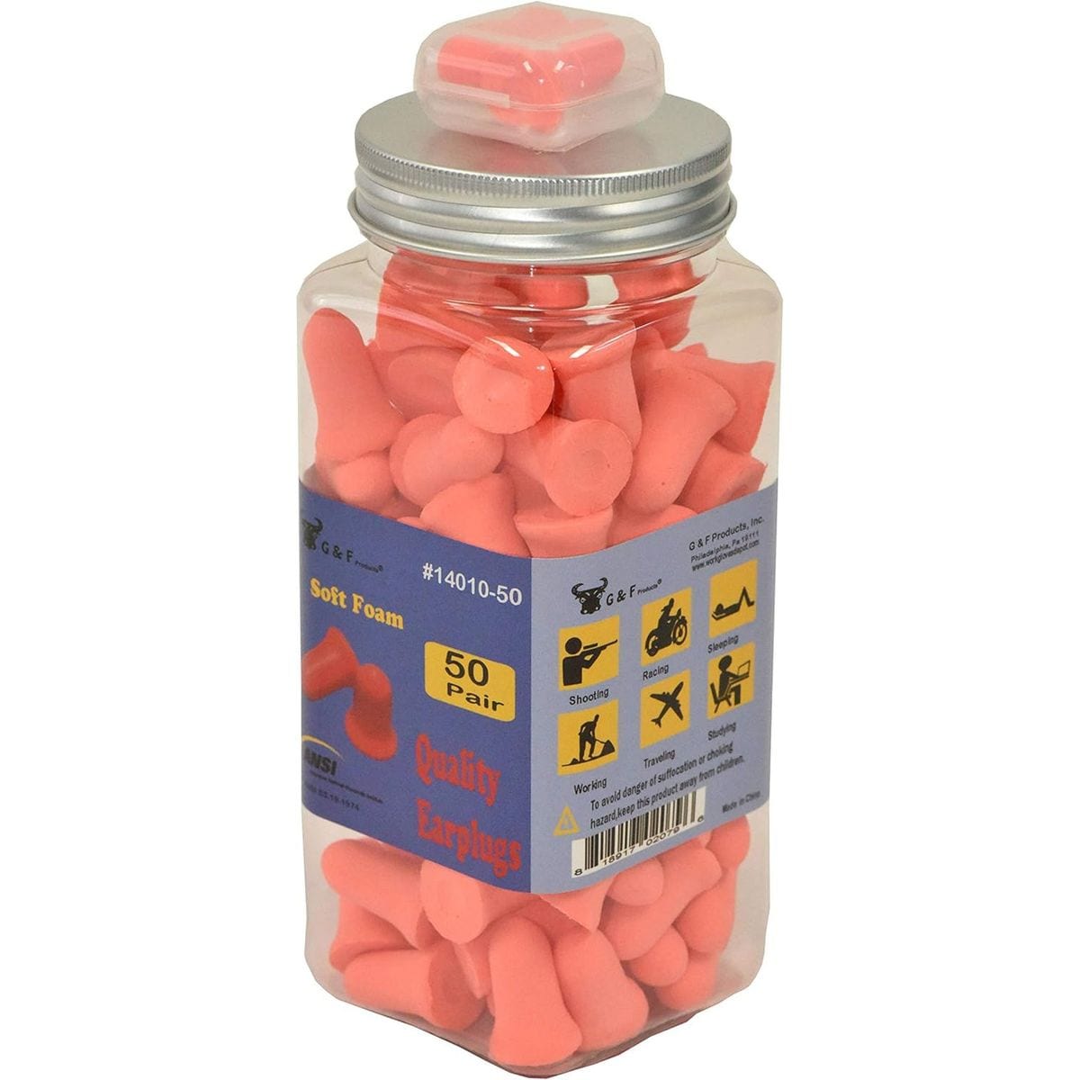 G & F Products Foam Ear Plugs 50 Pairs Bell Shaped Noise Cancelling Sound Blocking Earplugs for Sleeping Snoring Reduction Travel Study and Industrial Work with Carrying Case