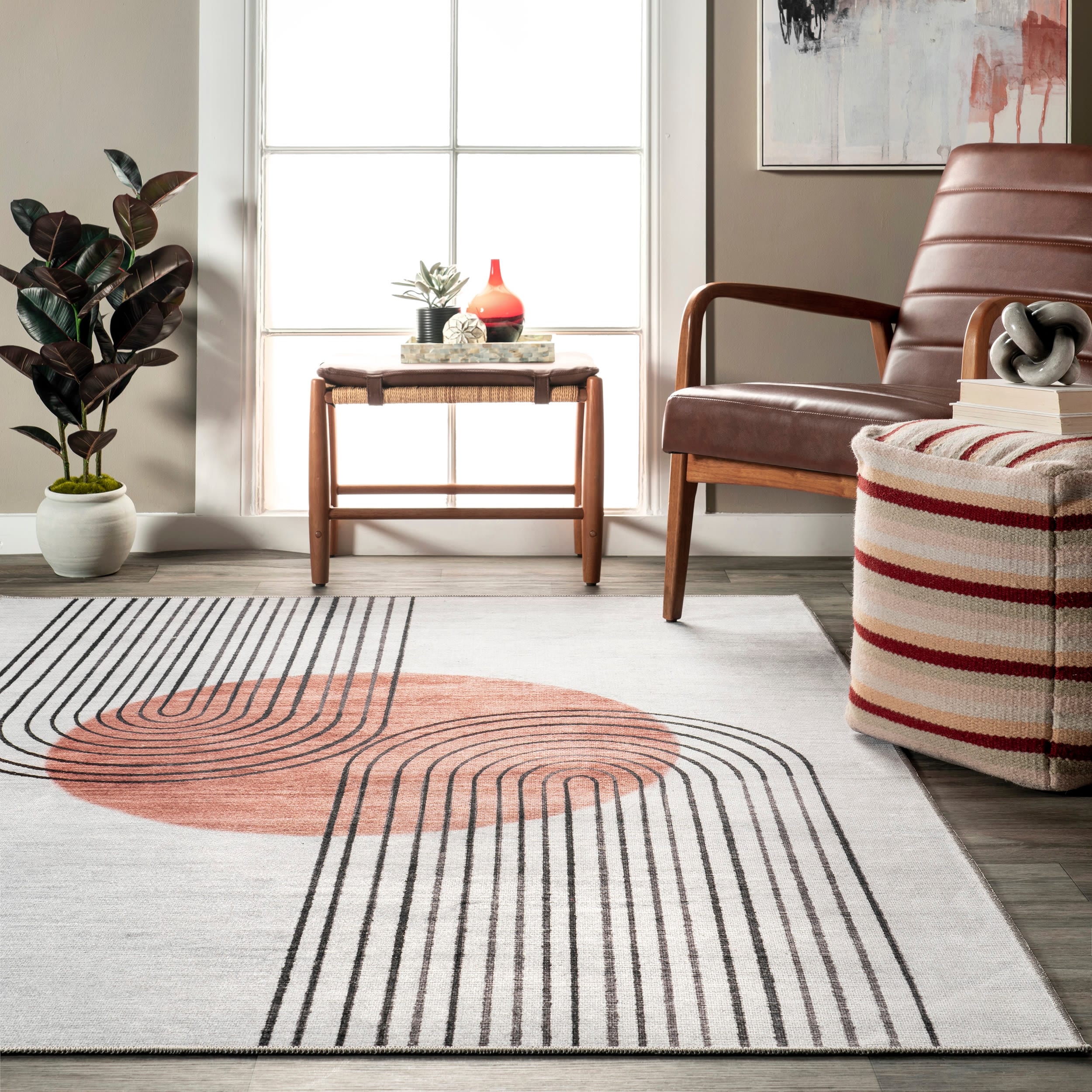 Burnt Orange and Dusty White Abstract 6' x 9' Synthetic Area Rug