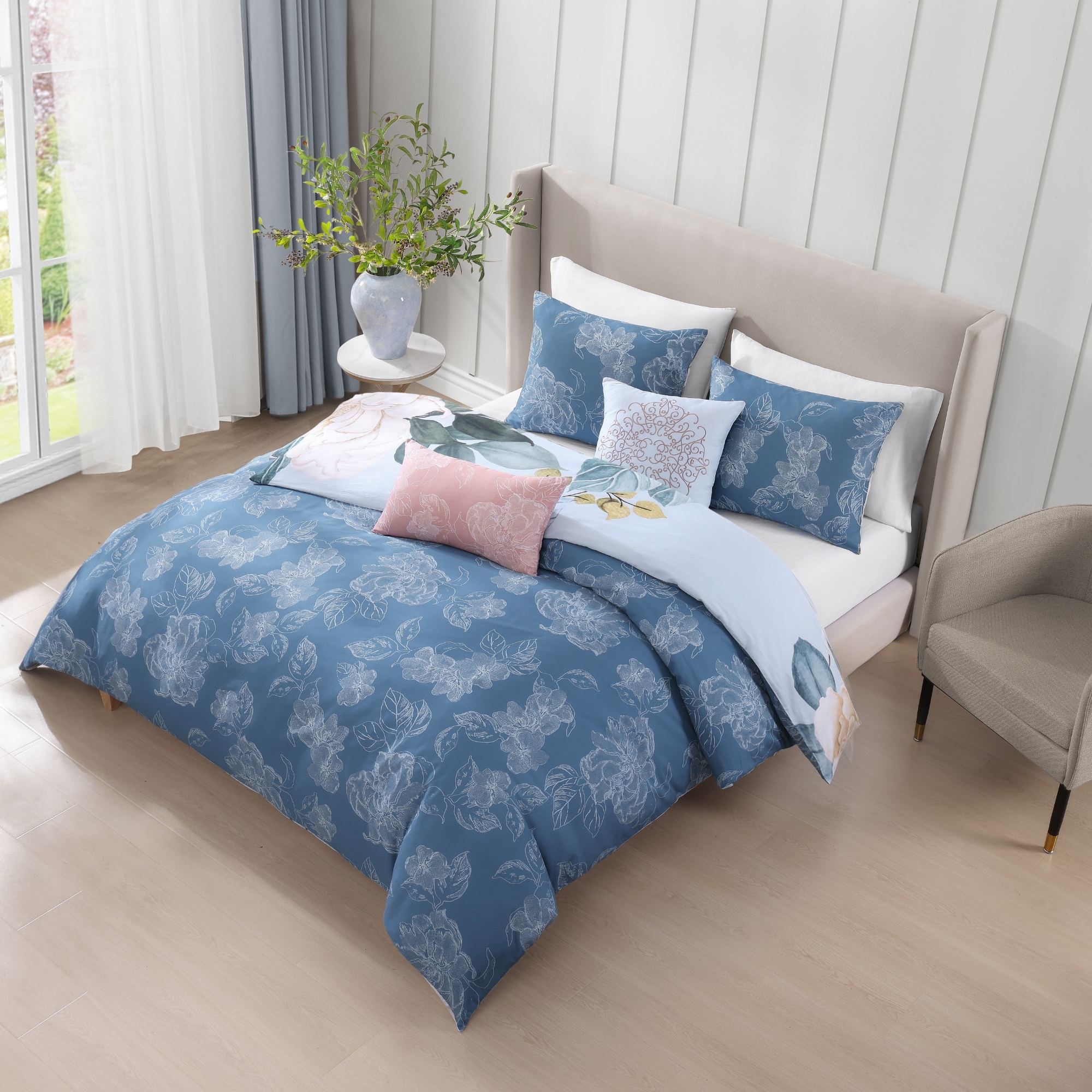Sky Blue Floral Cotton Queen Reversible Comforter Set