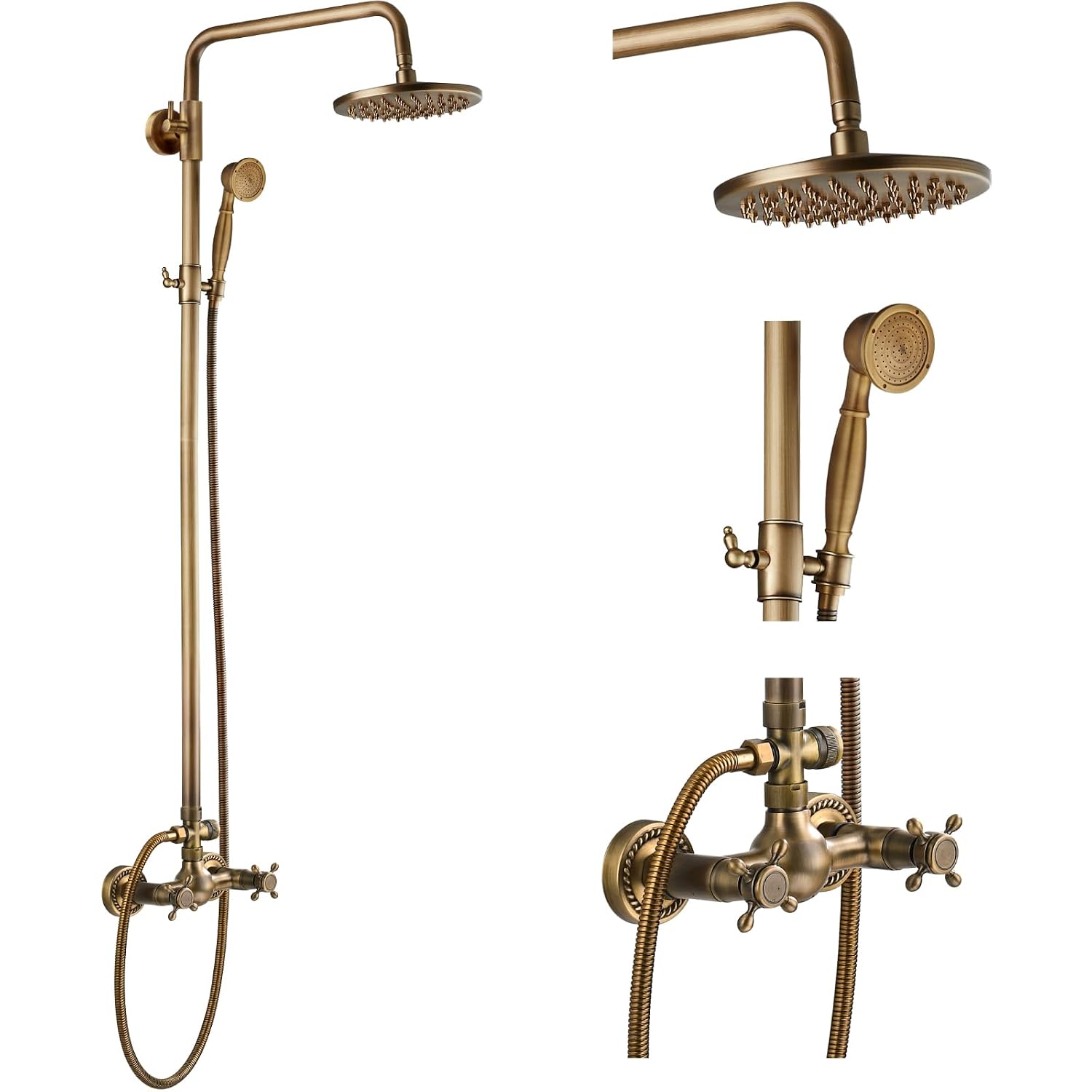 GOTONOVO Exposed Shower System with 8 Inch Rainfall Head and Handheld Spray 2 Cross Handle Wall Mount Antique Brass Finish Adjustable Height 39 to 55 Inch 6 Inch Hole Distance