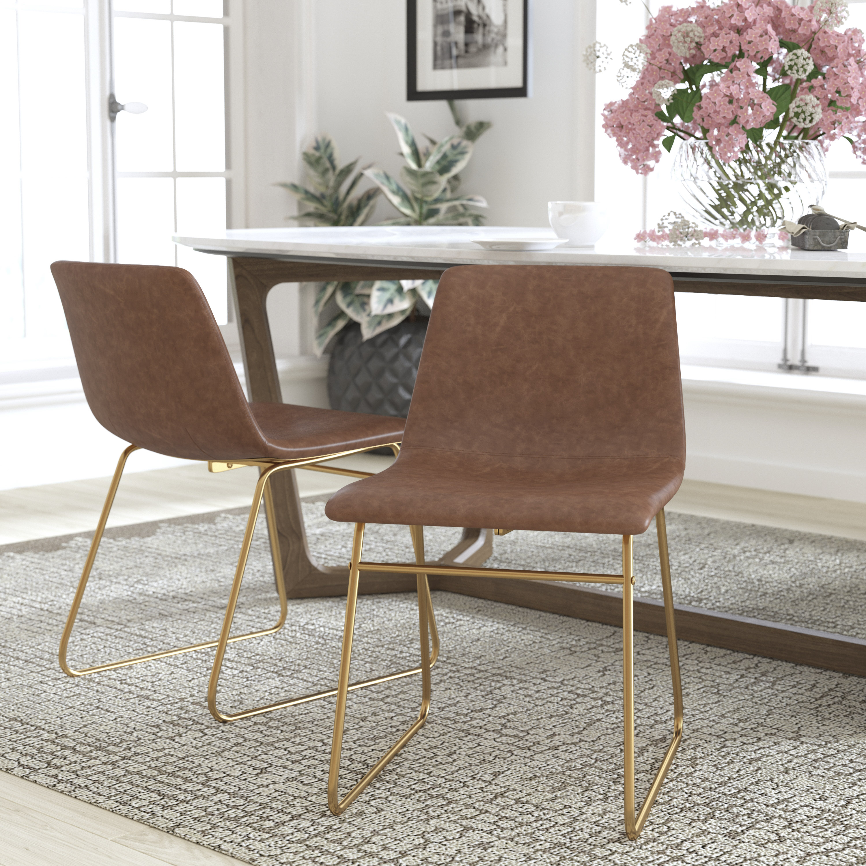 Light Brown LeatherSoft Bucket Dining Chairs with Gold Sled Base, Set of 2