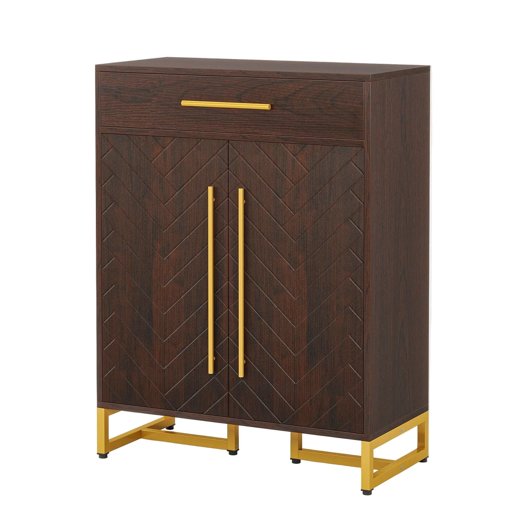 Slickblue 39.37 in H 5-Tier Up to 20 Pairs Walnut Engineered Wood Metal Frame Entryway Shoe Storage Cabinet with Doors and Drawer for Hallway Bedroom Narrow Shoe Organizer