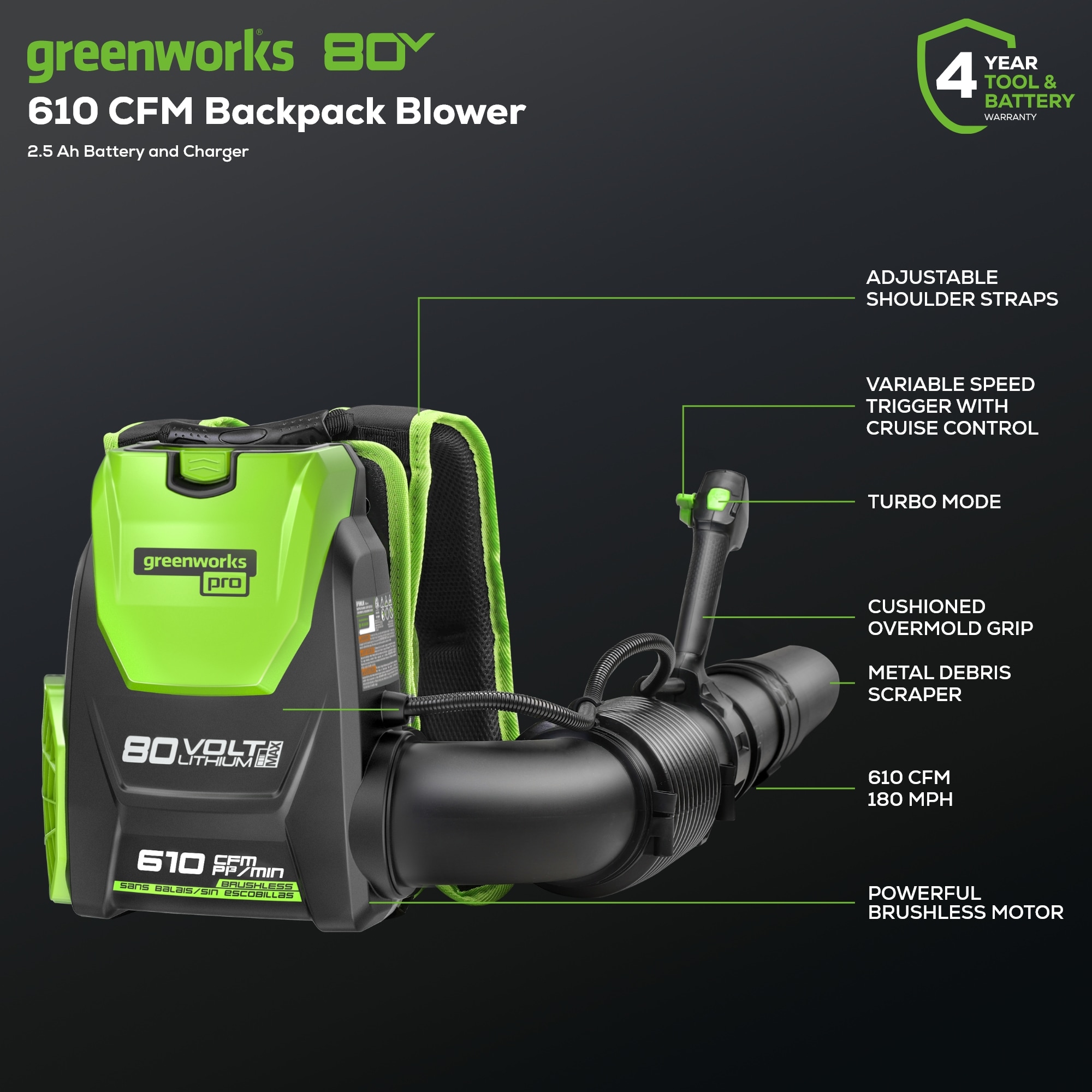 Greenworks 80 volt 610 CFM 180 MPH Battery Backpack Leaf Blower 2.5 Ah Battery and Charger Included BPB80L2510 at Lowes