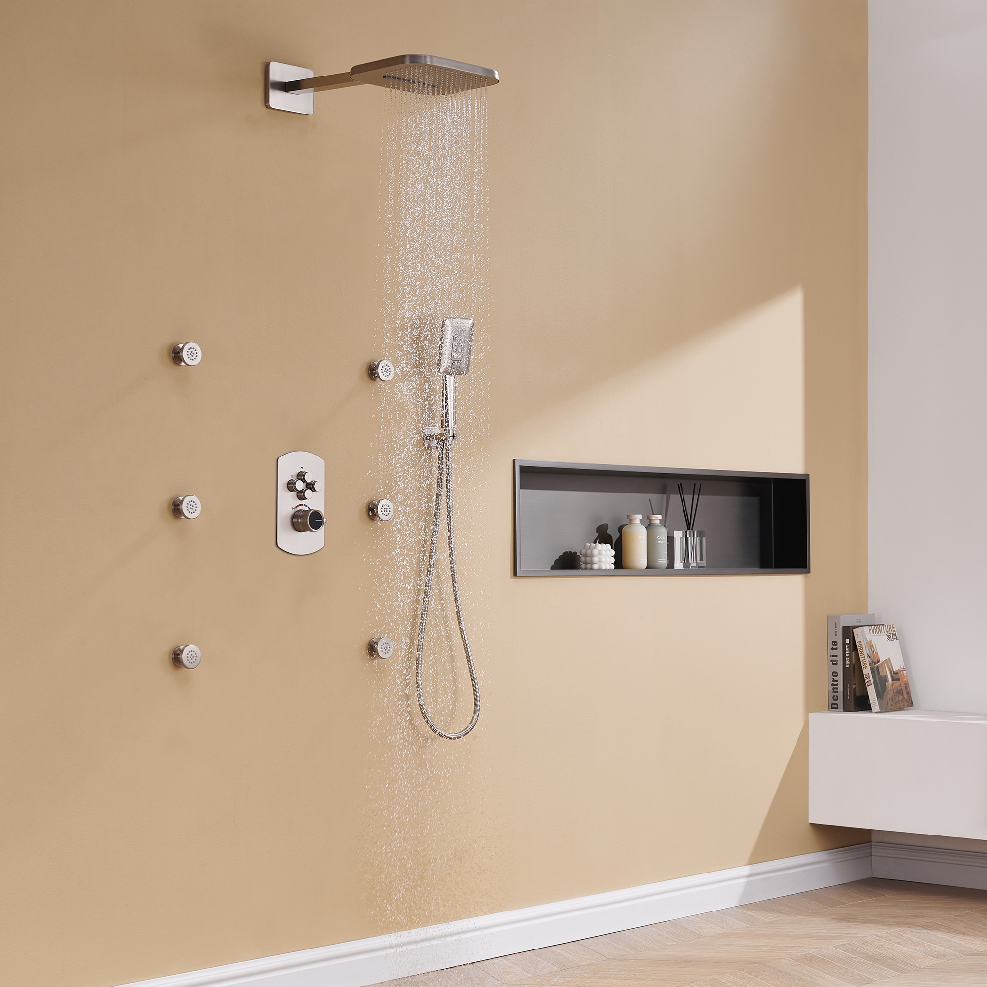 Mondawe Brushed Nickel Waterfall Built-In Shower Faucet System With 4 ...