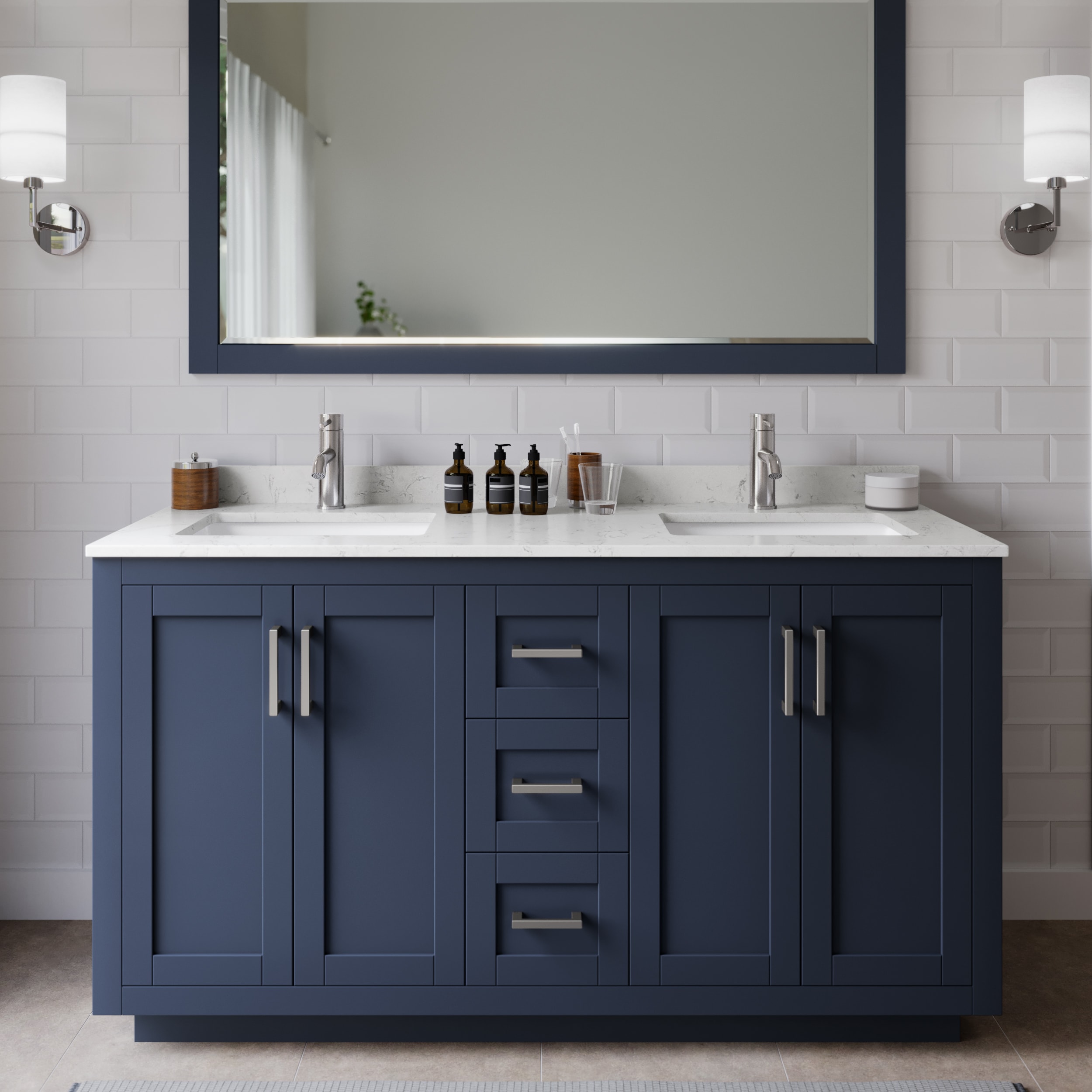 Wyndham Collection WCF292960DBNC2UNSMXX Miranda 60-in Dark Blue with Brushed Nickel Trim Undermount Double Sink Bathroom Vanity with Carrara Cultured Marble Top