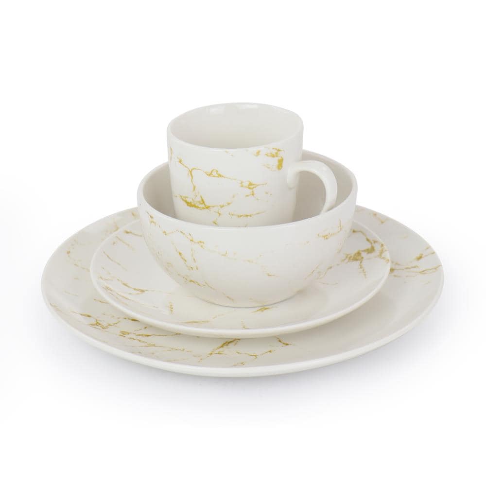 White and Gold Marble Ceramic Dinnerware Set, Service for 4