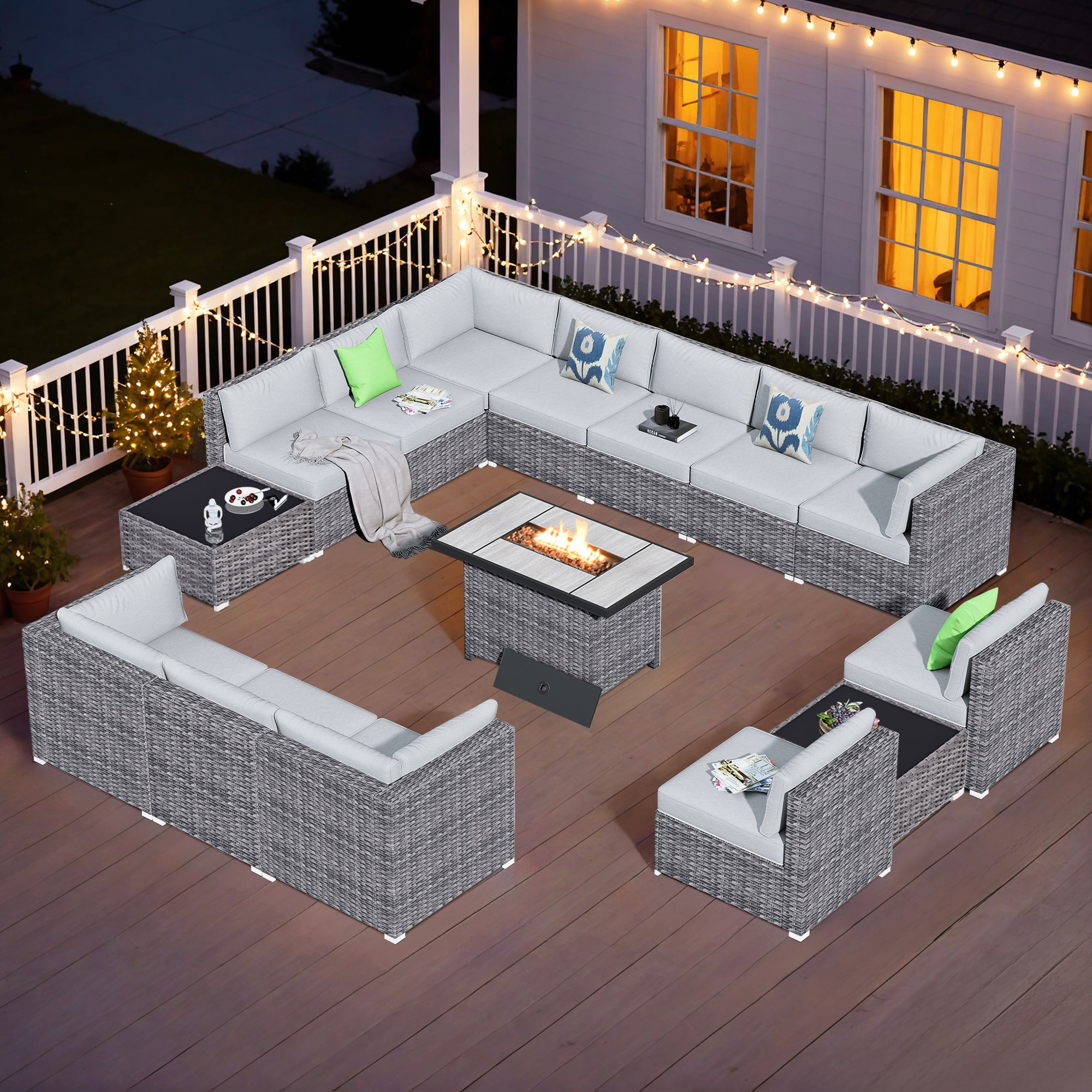 Pouuin SRFPHOP4014 15 -Piece Wicker 2 Patio Sofa Conversation Set with Gray Cushions
