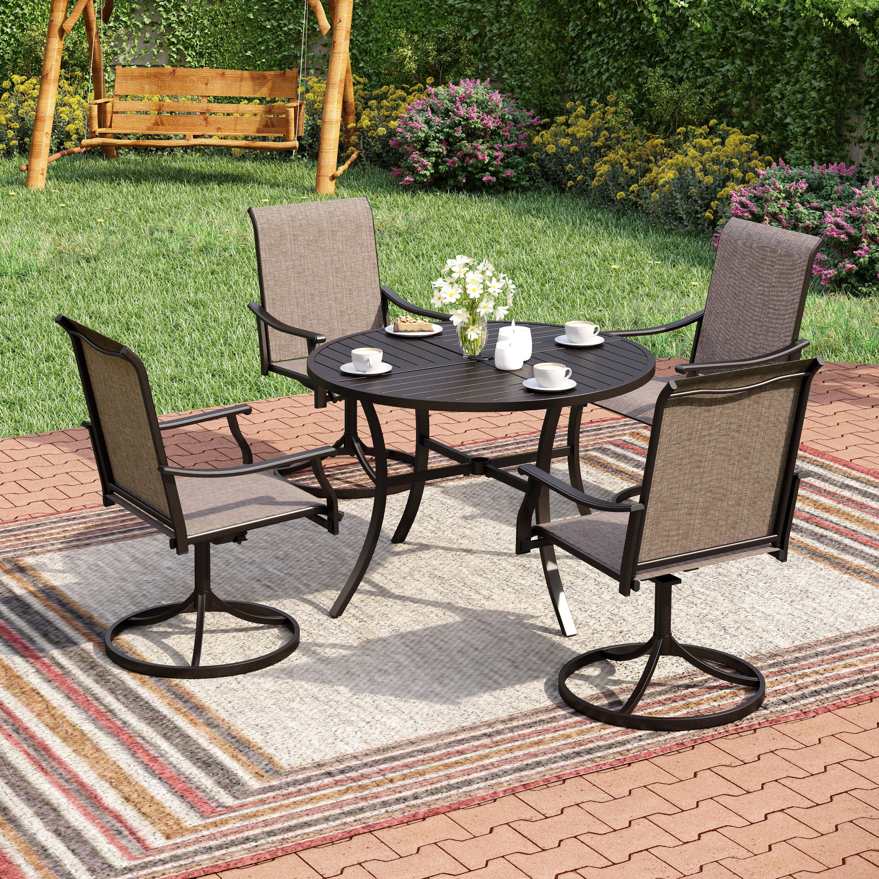 Sunshine Valley TC5-165S-409 Outdoor Table and Chairs 5 -Piece Black Patio Dining Set Steel Round Table with 4 Gray Swivel Chairs
