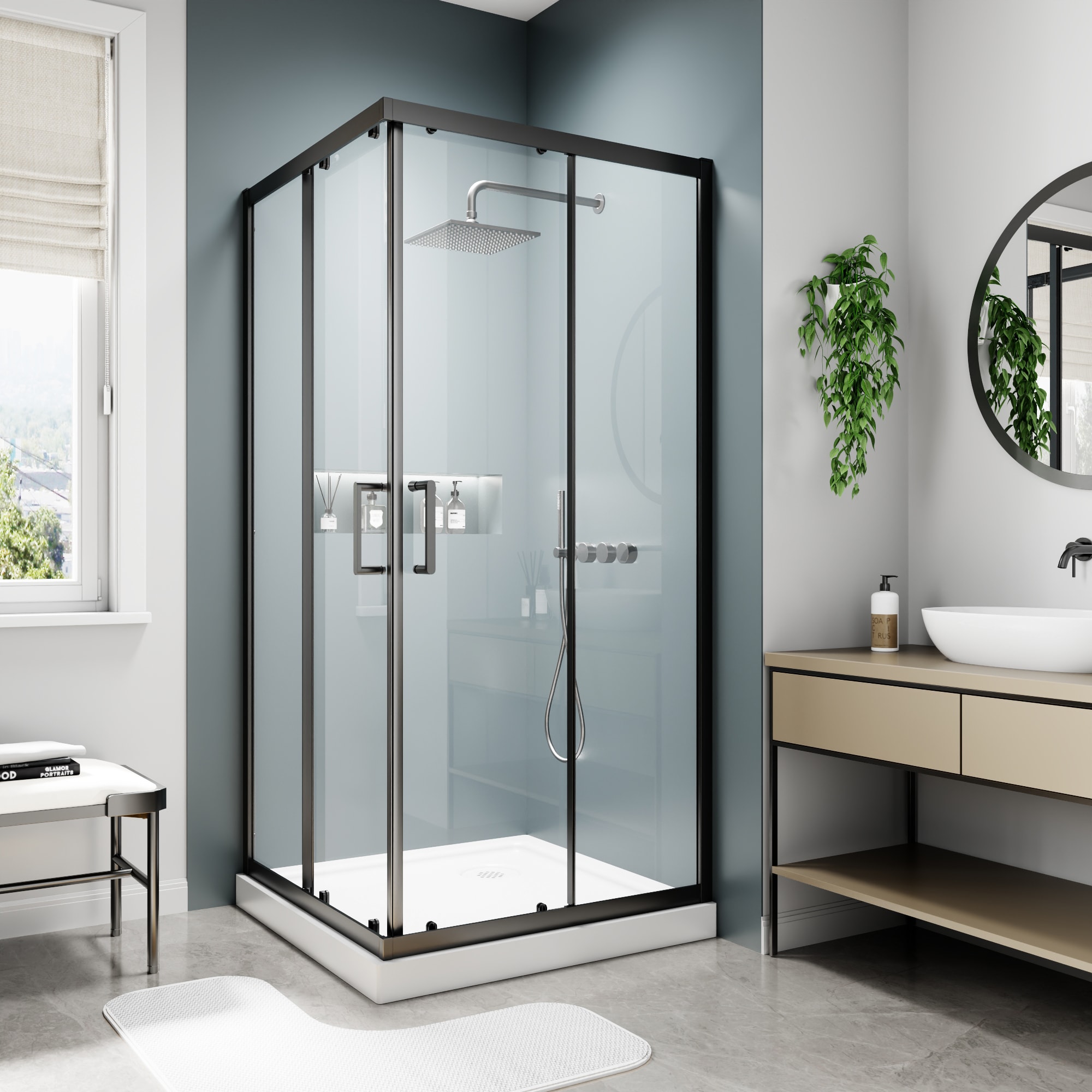 AAZJ JKF-MD01-7230SF2 E05 Corner Shower Door Matte Black 36-in W x 71-in H Framed Clear Glass Sliding Shower door