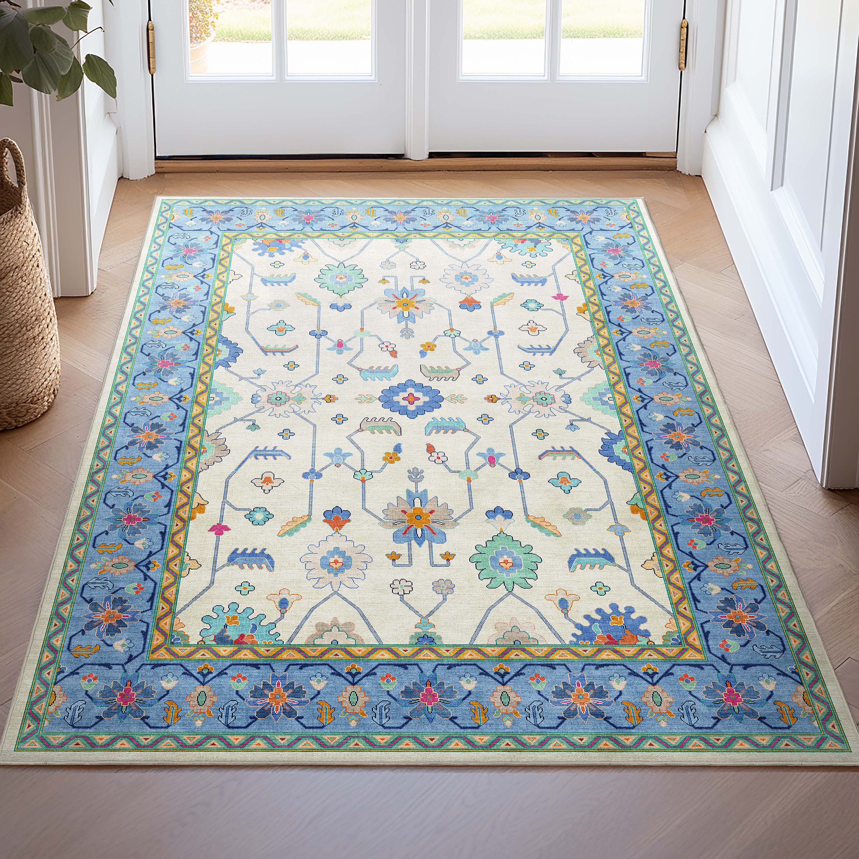 Well Woven W-US-02B-4 Ushak 3 x 5 (ft) Polyester Ivory Blue Multi Rectangular Indoor Floral/Botanical Oriental Area rug