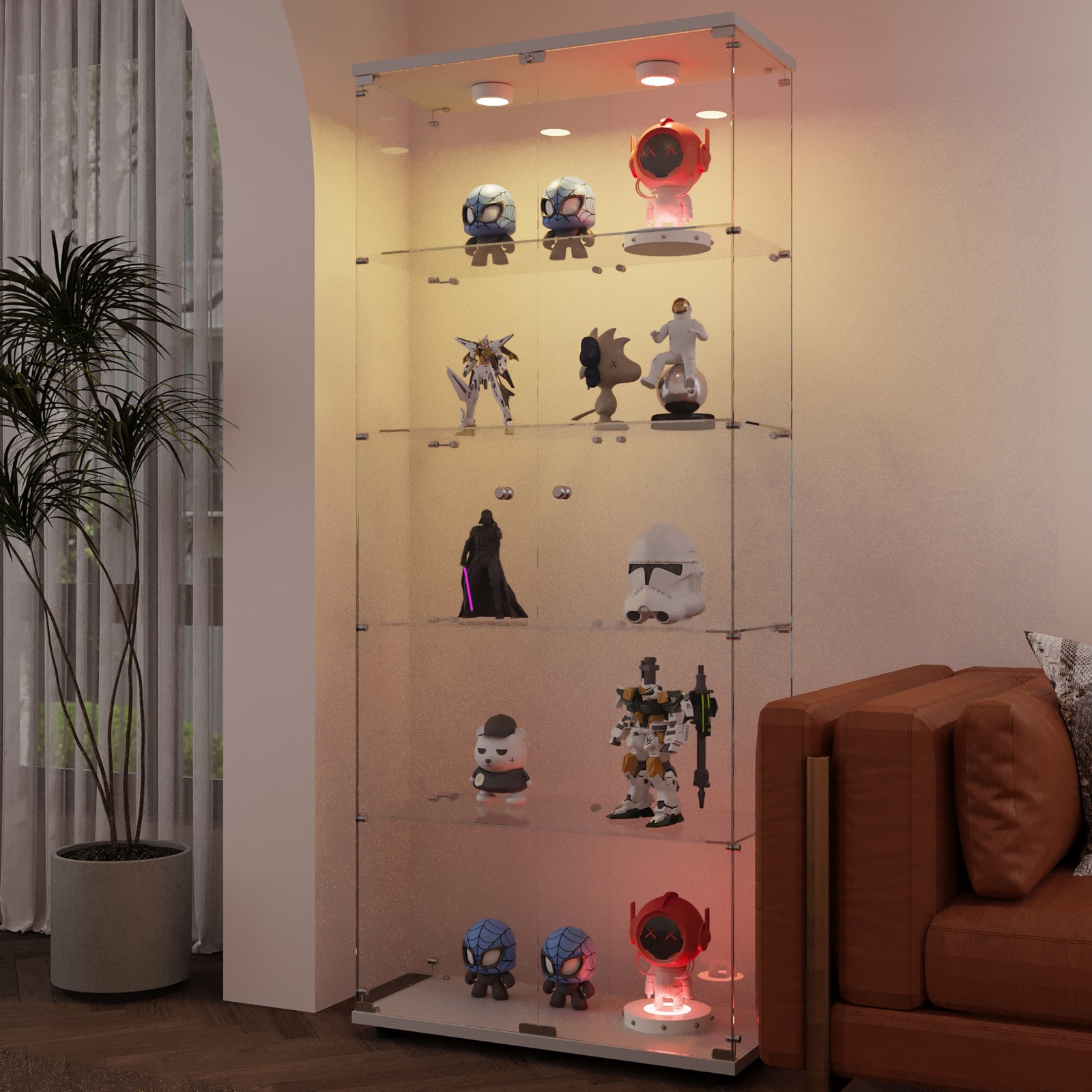 CHITA Modern Tempered Glass Display Cabinet with Remote Controlled Lighting for Living Room Dining Room Entryway and Display Storage White
