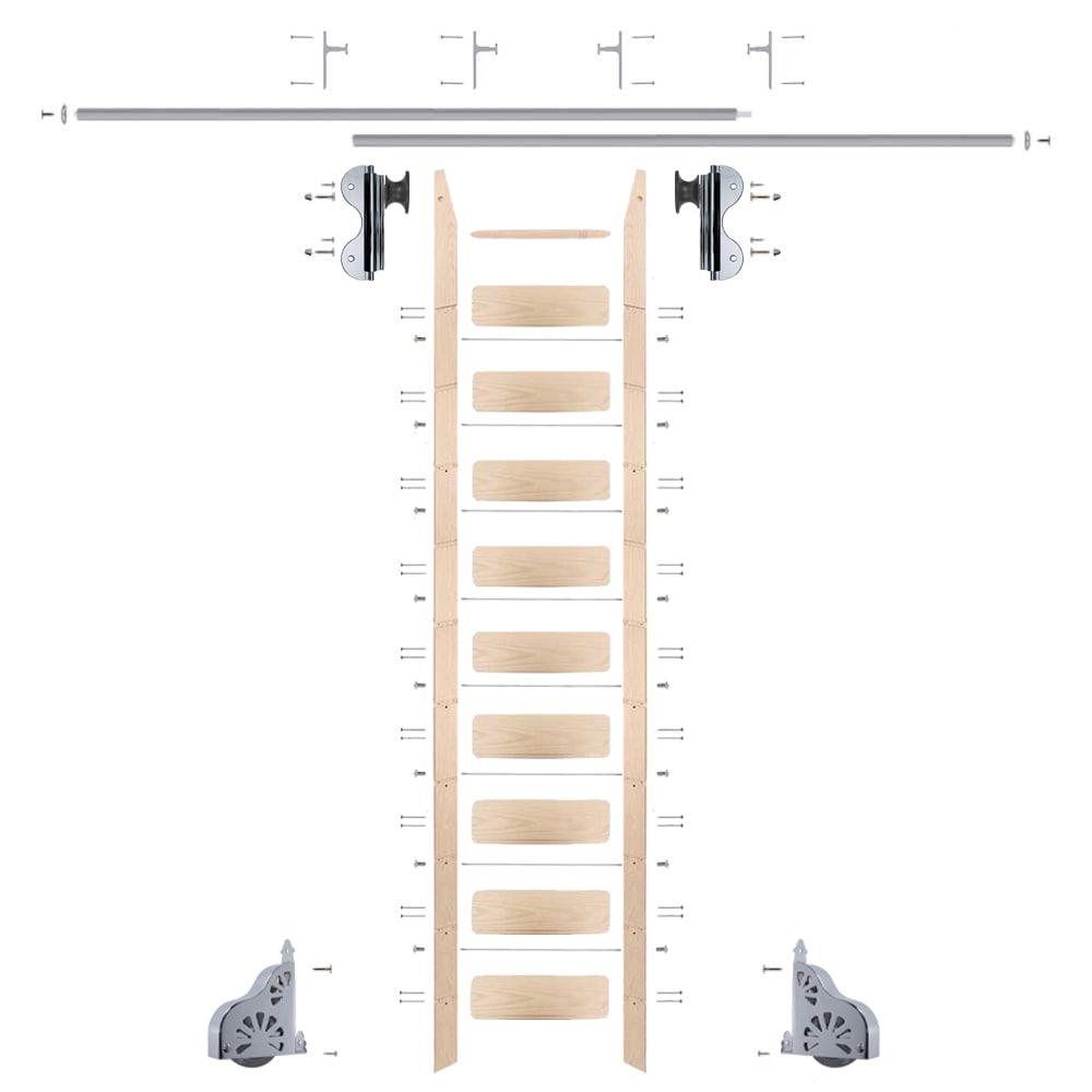 Quiet Glide QG.510-10MA-08-V.04 10 ft. Maple Library Ladder Polished Chrome Rolling Hook Ladder Kit with 8 ft. Rail and Vertical Brackets