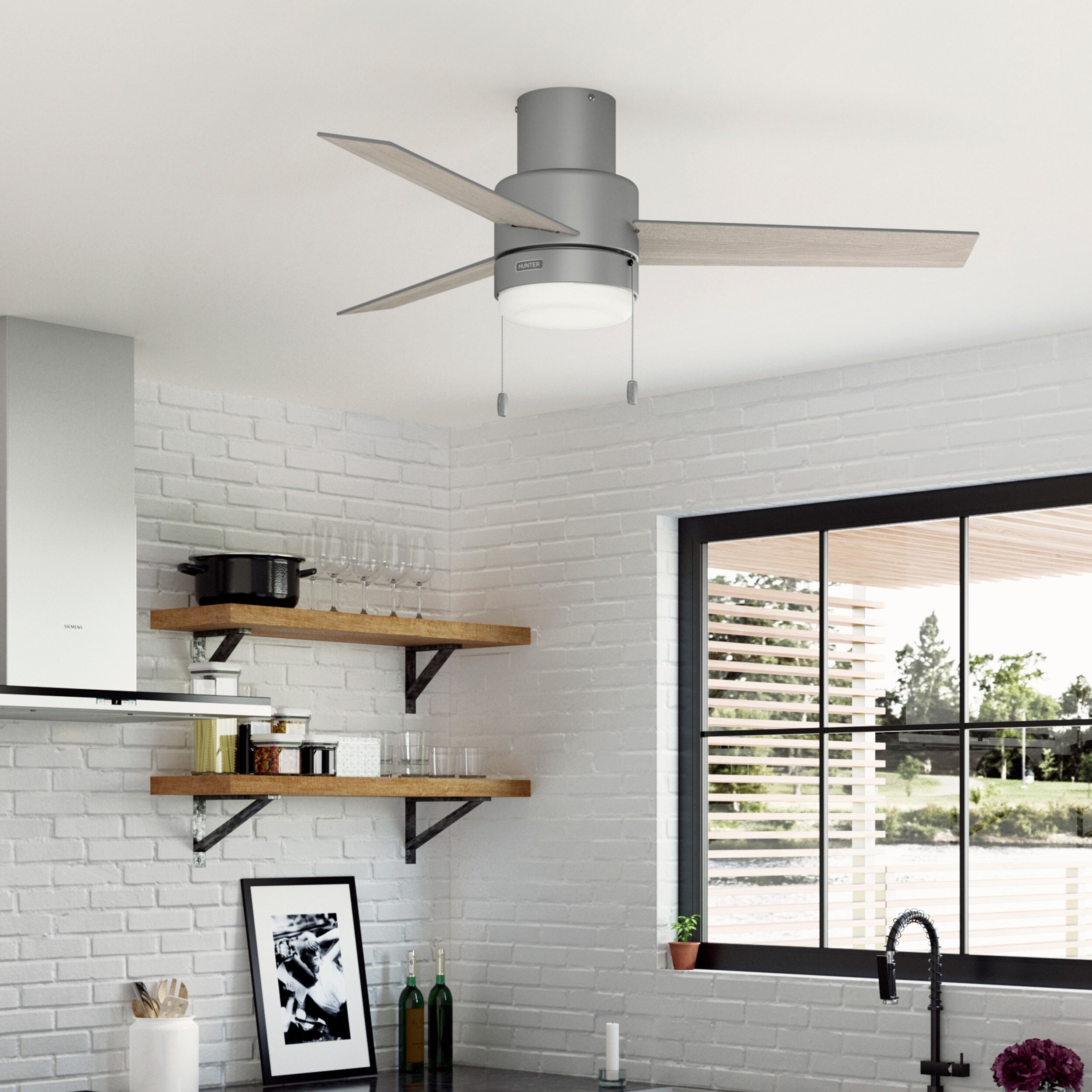 Hunter 52377 Brunner 52-in Matte Silver with Light Gray Oak Blades LED Indoor Flush Mount Propeller Ceiling Fan with Light (3-Blade)