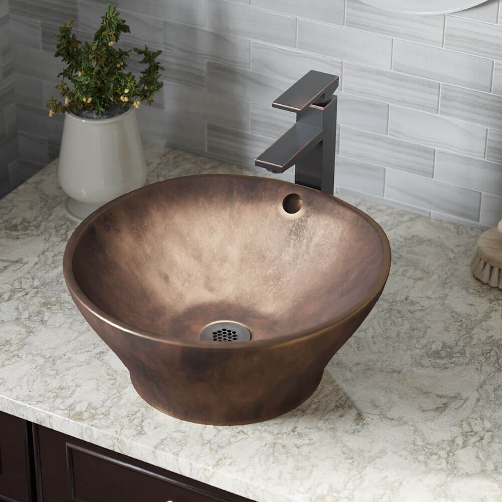 MR Direct 955-721-ABR Antique Bronze Vessel Irregular Modern Bathroom Sink with Faucet and Overflow Drain Included (15.75-in x 15.75-in)