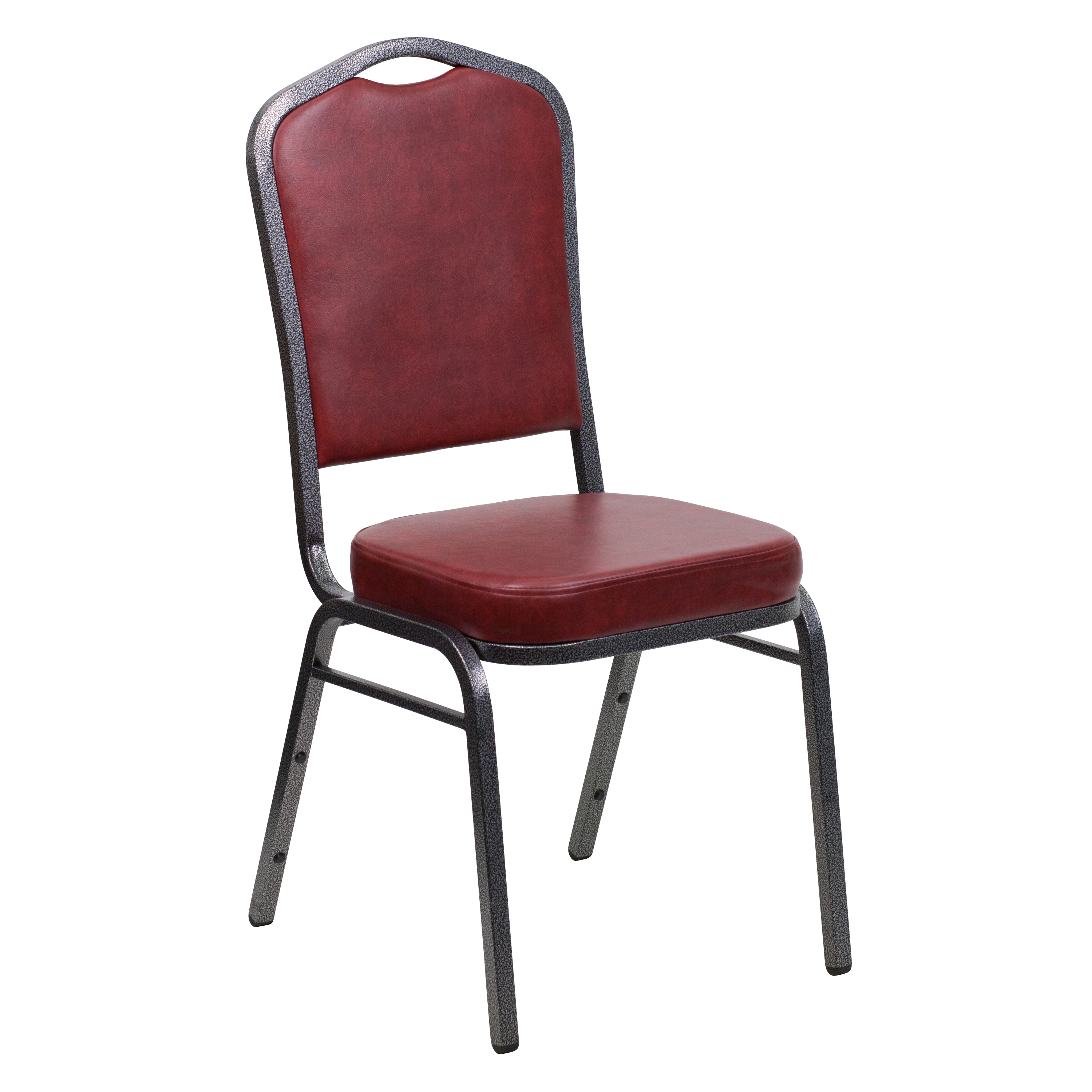 Elegant Burgundy Vinyl Stacking Chair with Silver Vein Metal Frame