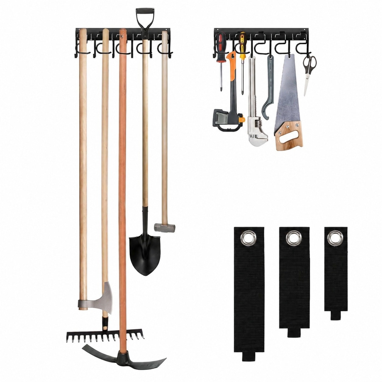 Ahfiwaso Metal Garage Tool Organizer Wall Mount 2 Pack Garden Tool Holder with Extension Cord Straps Heavy Duty Hooks for Broom Mop Shovel Rake Shed