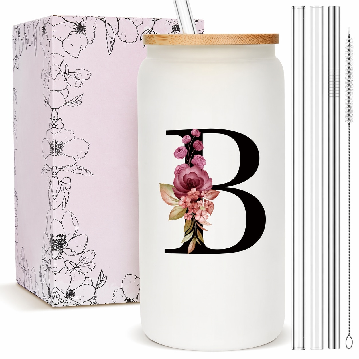Aoibox  Personalized Monogrammed Frosted Glass Tumbler with Straw and Bamboo Lid Custom Initial Drinking Cup for Women