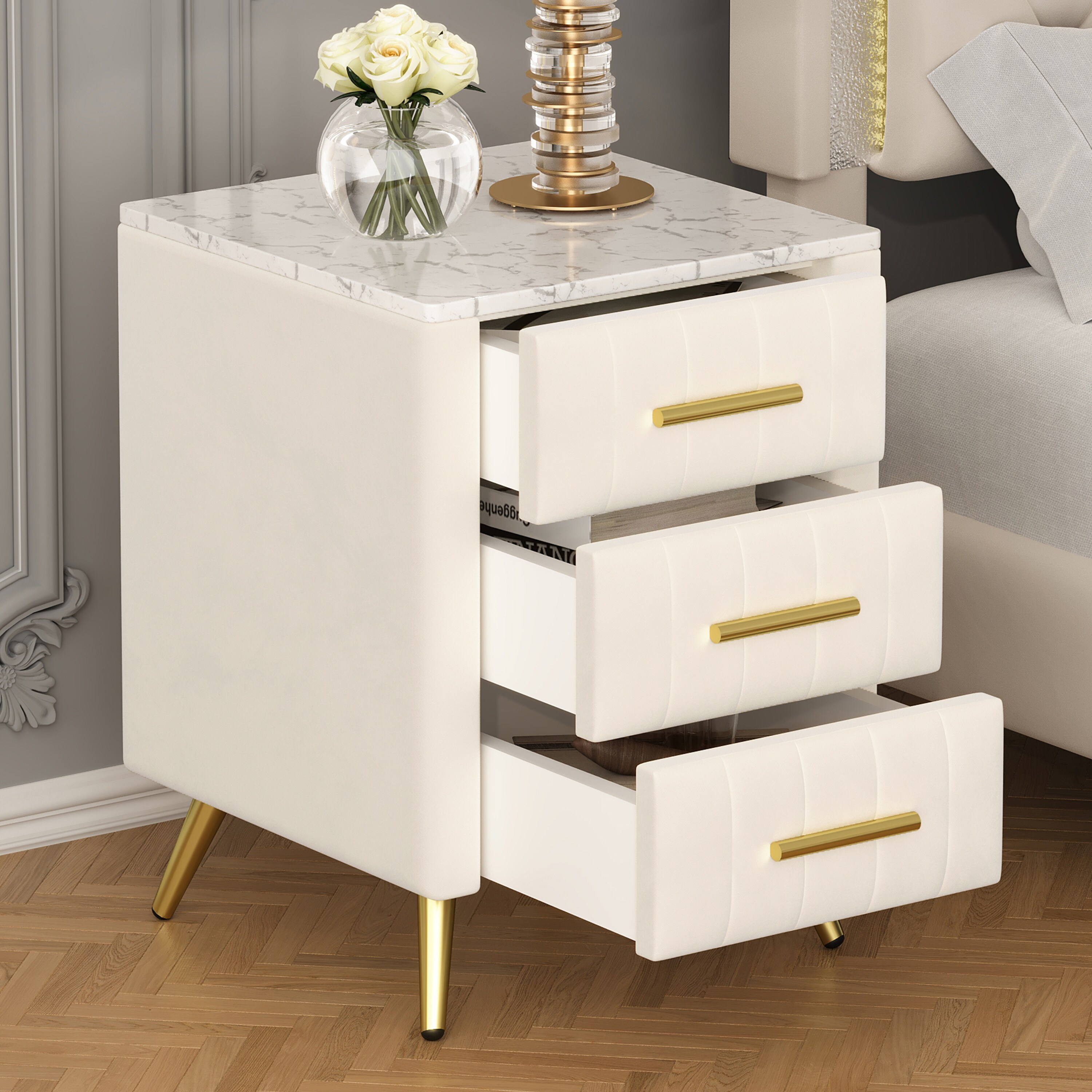 ModernLuxe N733P208520A Upholstered Wooden Nightstand with 3 Drawers and Metal LegsHandlesBedside Table with Marbling Stickers Worktop  Beige