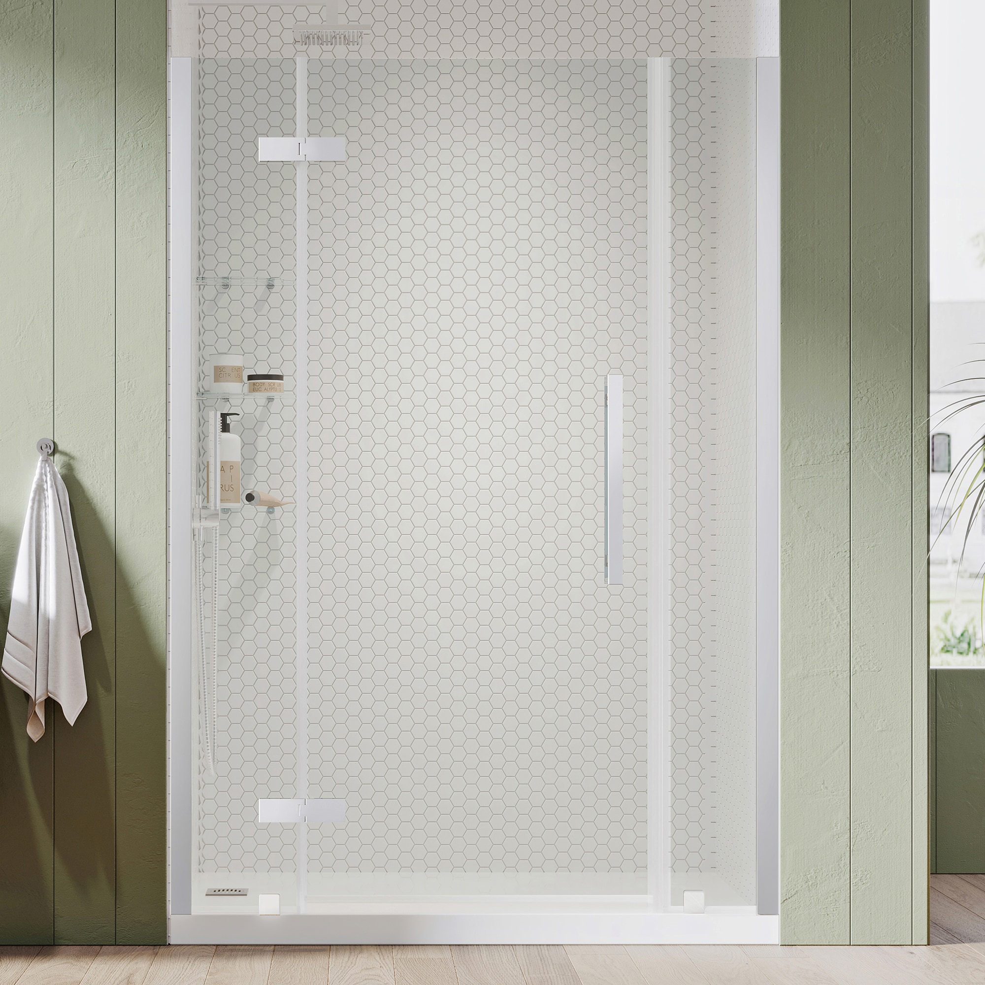 OVE Decors 828796064125 Tampa Polished chrome 47-11/16-in to 50-1/16-in W x 72-Inches H Frameless Pivot Shower door 5/16-in Thick Clear Glass
