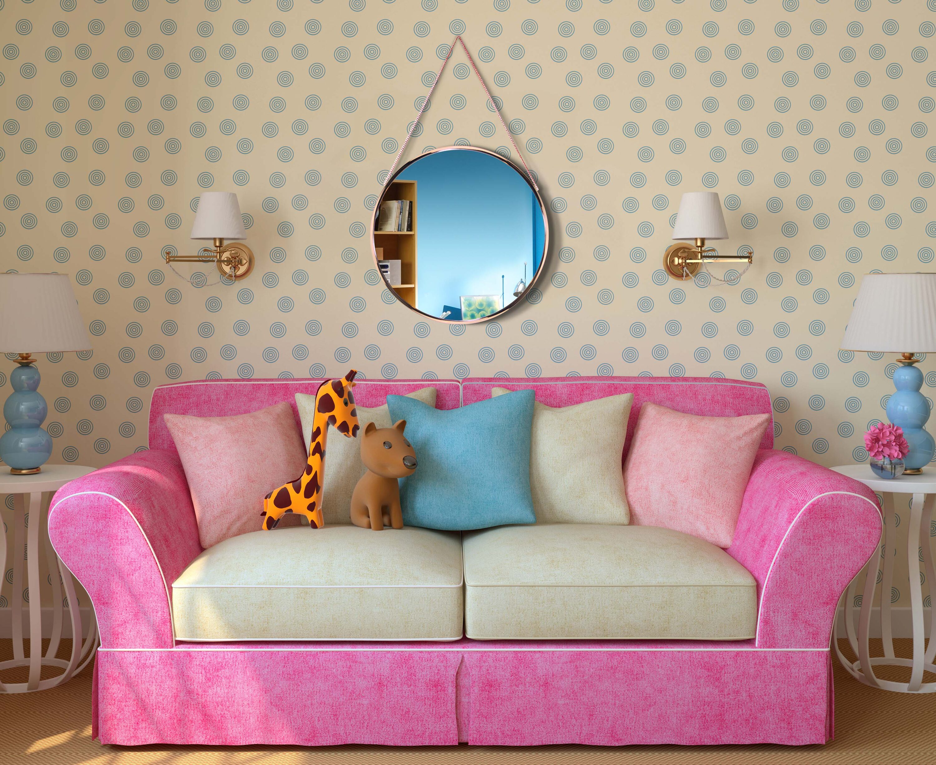 21" Modern Round Wood & Gold Wall Mirror with Metal Chain