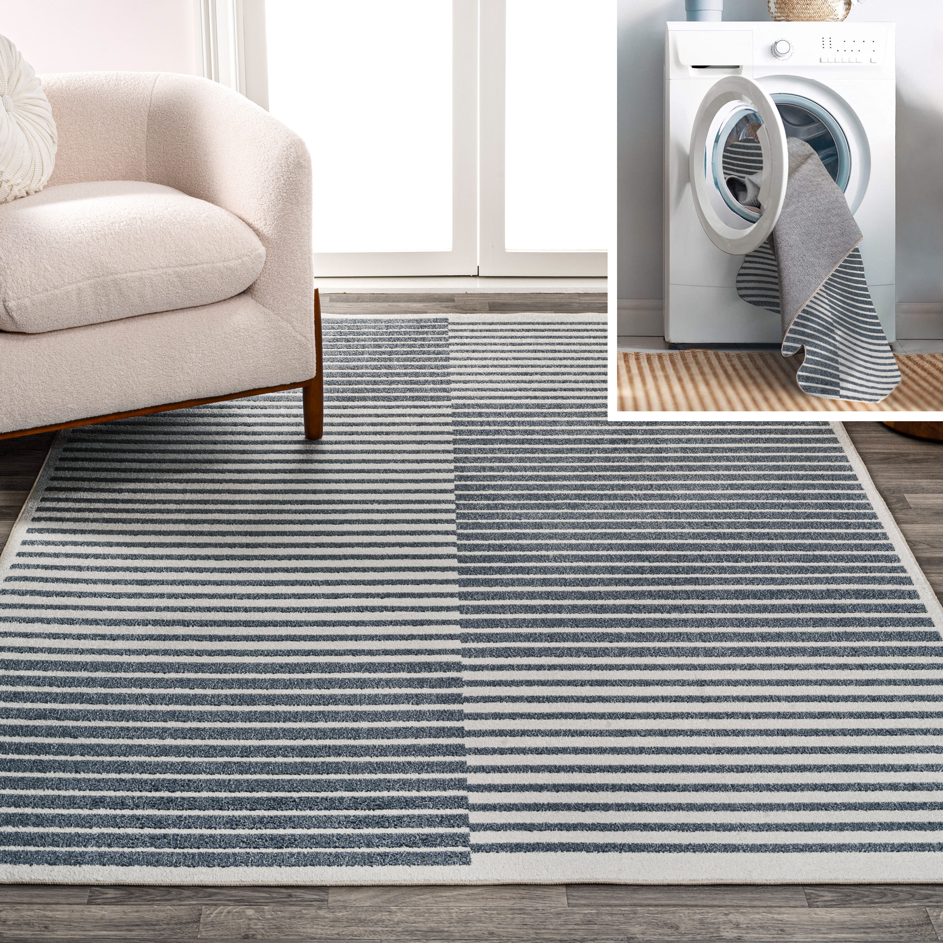 JONATHAN  Y WSH305A-4 WASHABLE Shutter Minimalist Striped Plaid 4 x 6 (ft) Loomed Polyester Dark Gray/Cream Rectangular Indoor Stripe Mid-Century Modern Machine washable Area rug