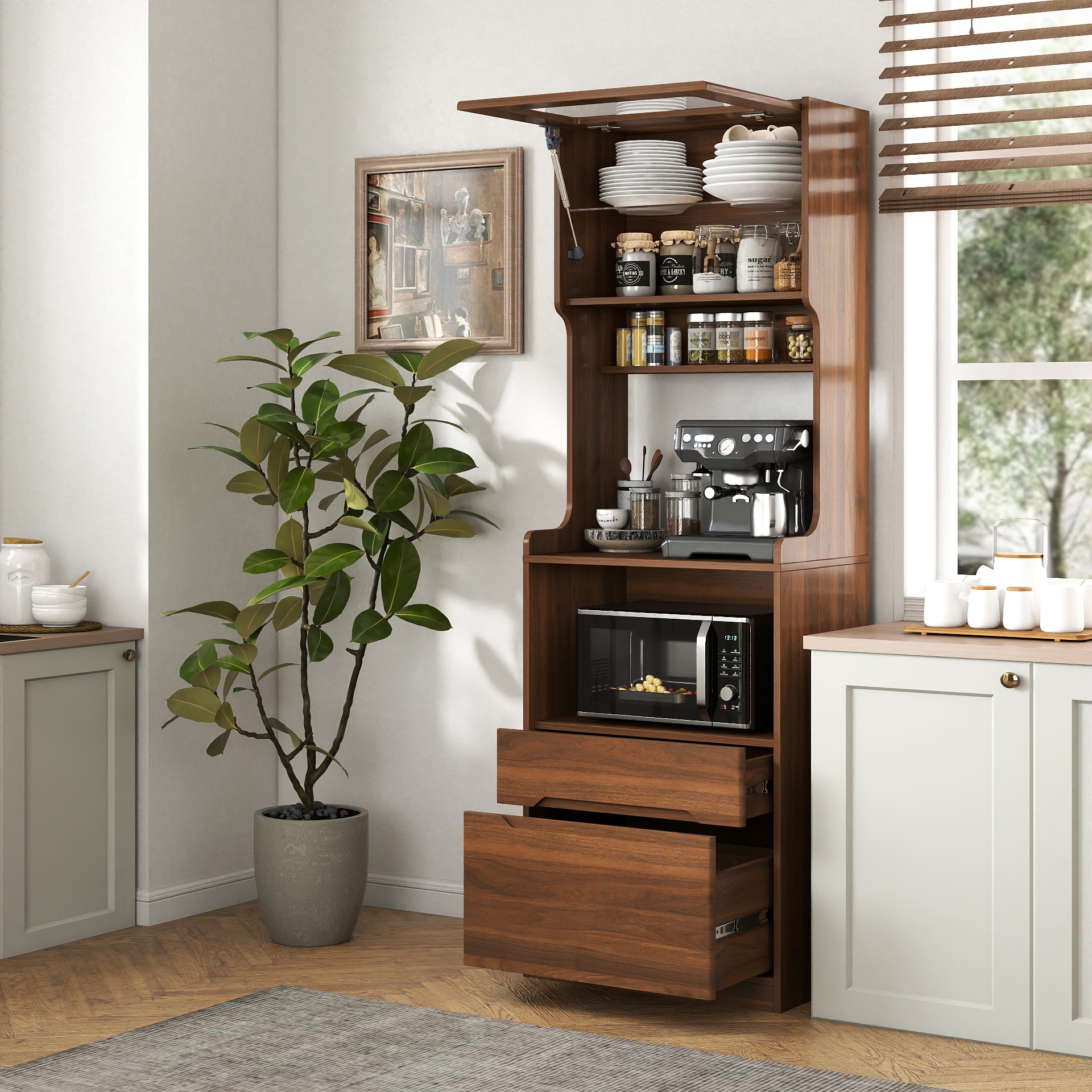 Vynxaria 23.62-in W x 70.87-in H x 15.75-in D Walnut Kitchen Pantry Hutch with Microwave Shelf and Drawers
