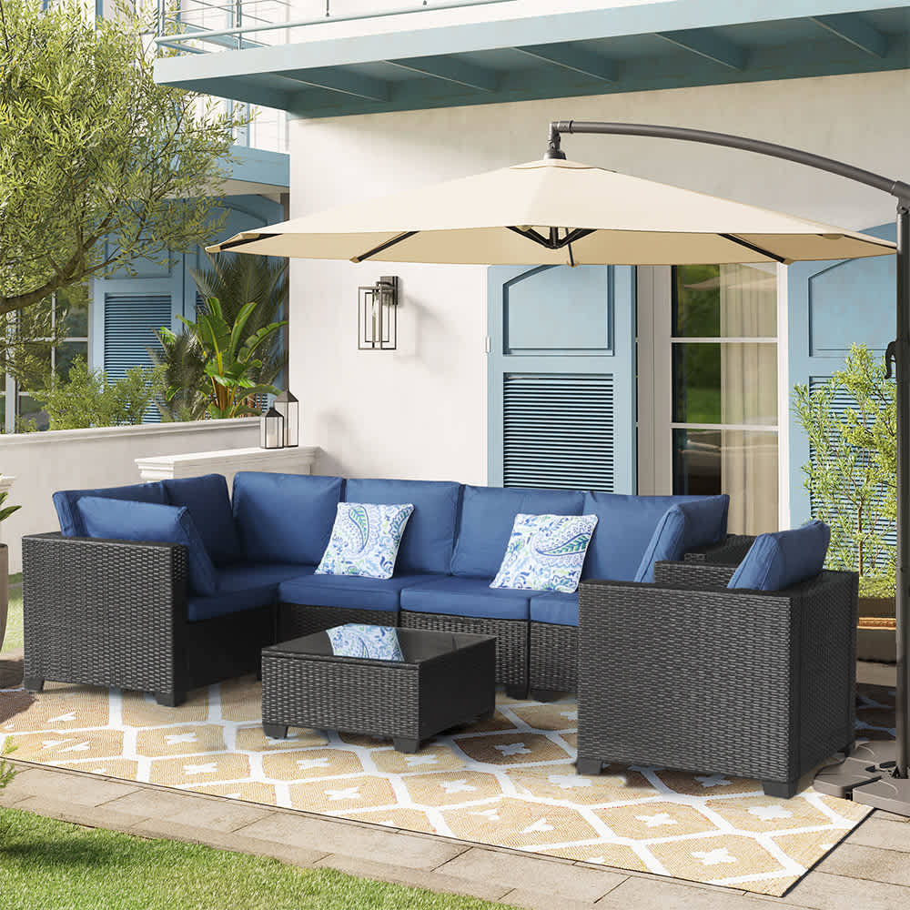 JUJABU CON-SET-2 Dark Blue 7 Pieces Outdoor Set Furniture Patio Furniture Sets Conversation Setsfor Backyard 