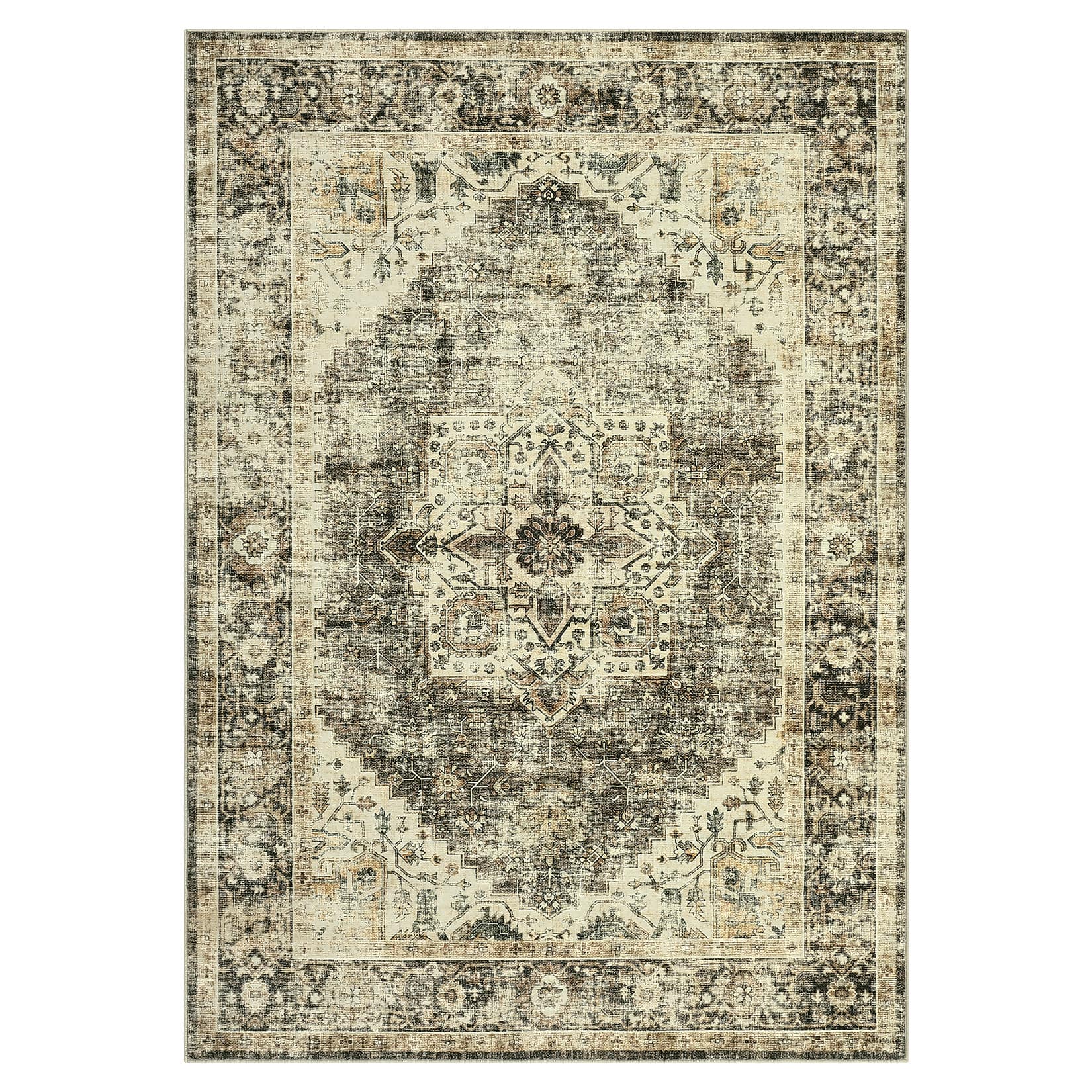 Qeetex LSN-PHO-3369ZTHI 9 x 12 ft Polyester Imitation Cashmere Brown Rectangular Hallway Bathroom Entryway Kitchen Office Foldable Flower Printed Persian Washable Area Rug