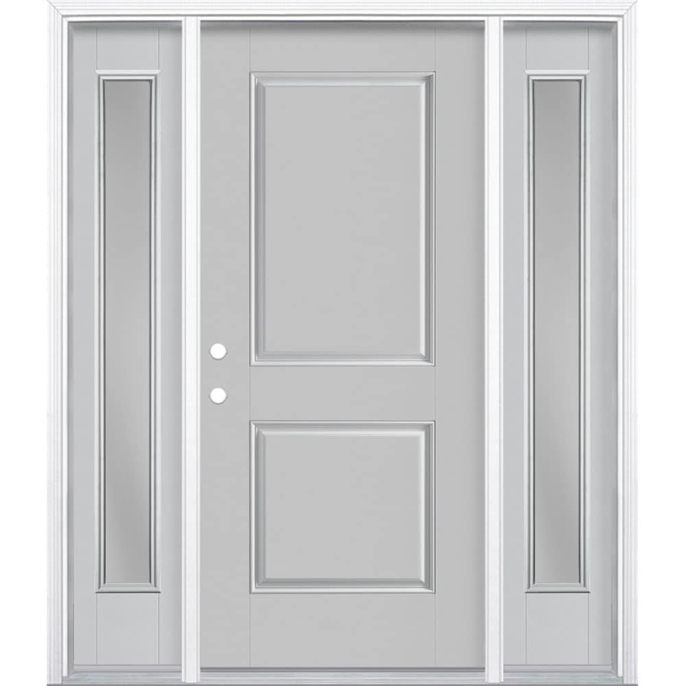 Masonite 1218196 60-in x 80-in x 4-9/16-in Fiberglass No glass Right-hand inswing Infinity Gray Painted Prehung Front Door with Sidelights with Brickmould Insulating core