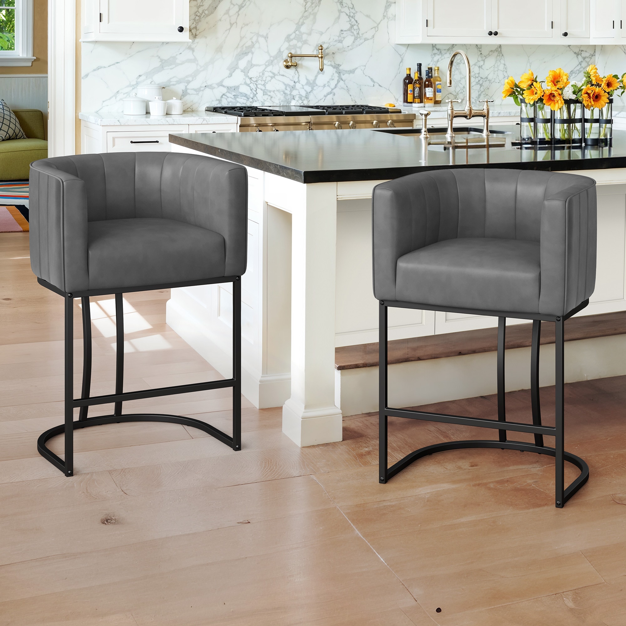 LUE BONA YB-146-03LS Set of 2 Dark Gray/Faux Leather 26.4-in H Counter height (24-in to 27-in) Square Seat Upholstered Metal Back Bar Stool with Arms and Back