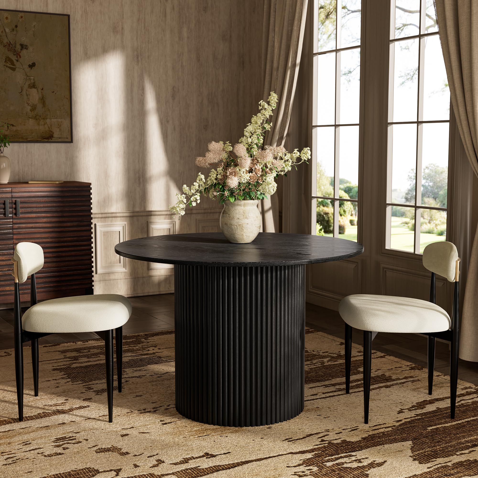 FARATI - Black Round Contemporary/Modern Wood Dining Table, with Black Finish and Wood Pedestal B...