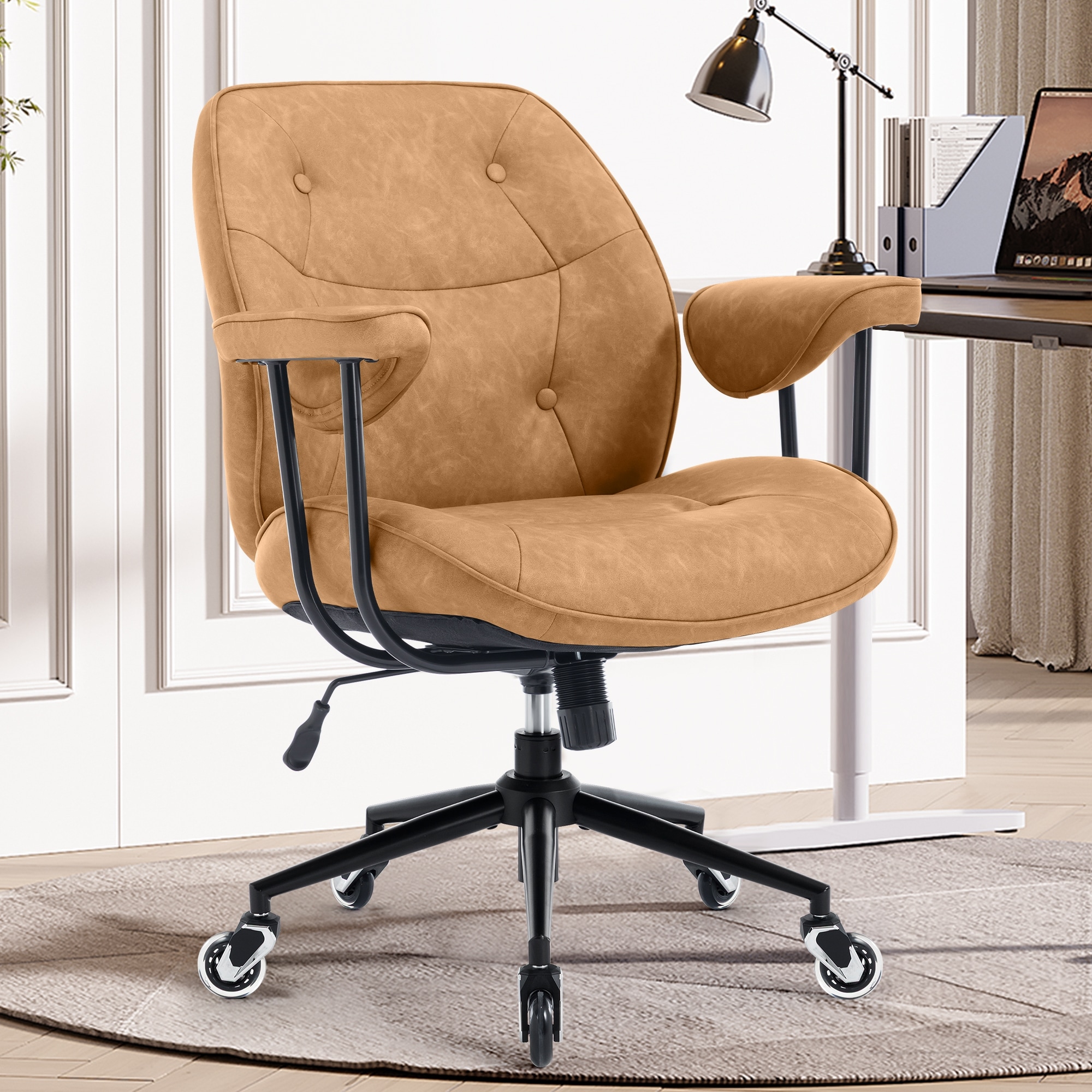LUXEYARD Home Office Desk Chair Retro Faux Leather Chair with Lumbar ...